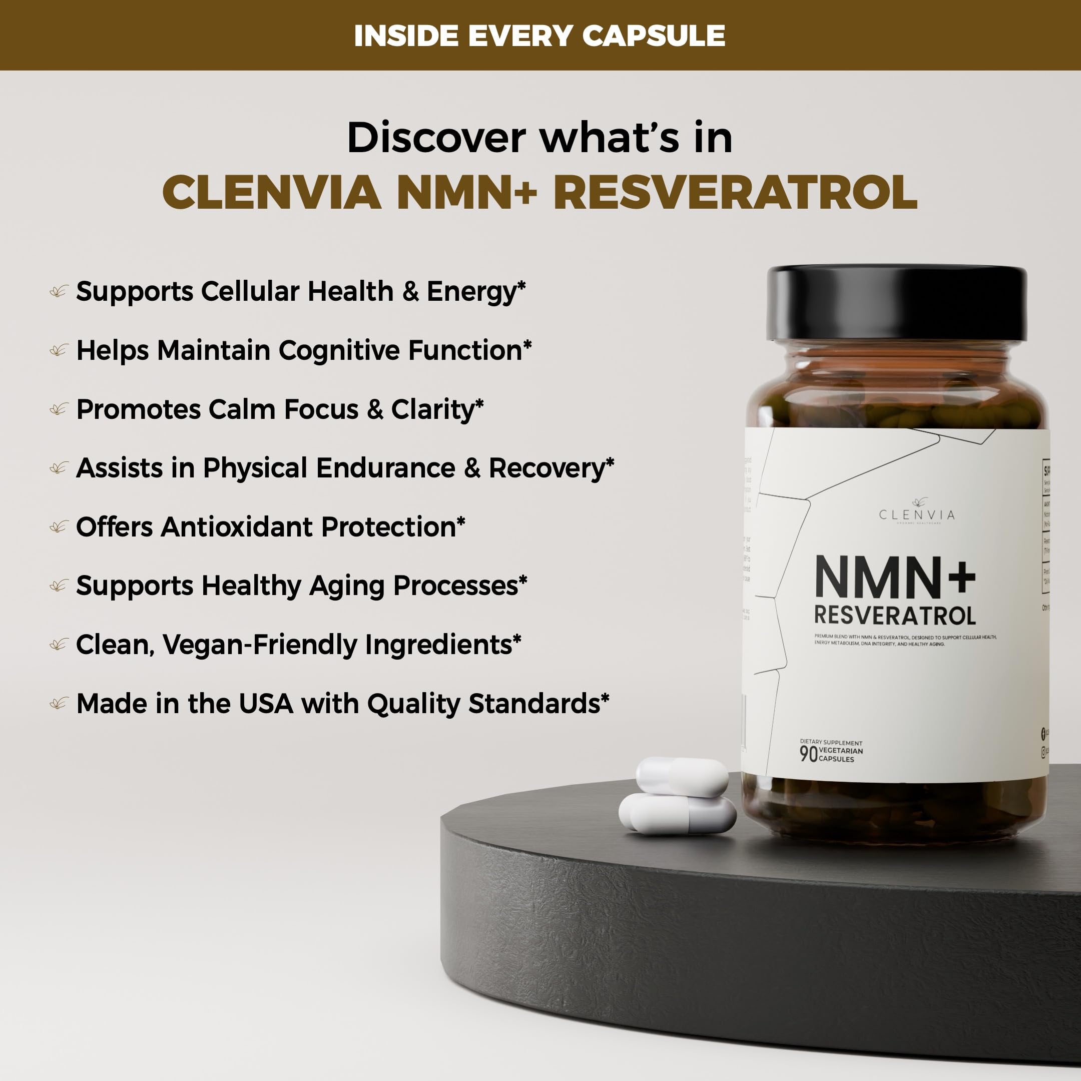 CLENVIA Premium NMN Supplement with Resveratrol – High Potency NAD+ Support Formula – >99.7% Purity – Third-Party Tested – Made in USA – 500mg Nicotinamide + 100mg Resveratrol – 90 Capsules CLENVIAAu supplements