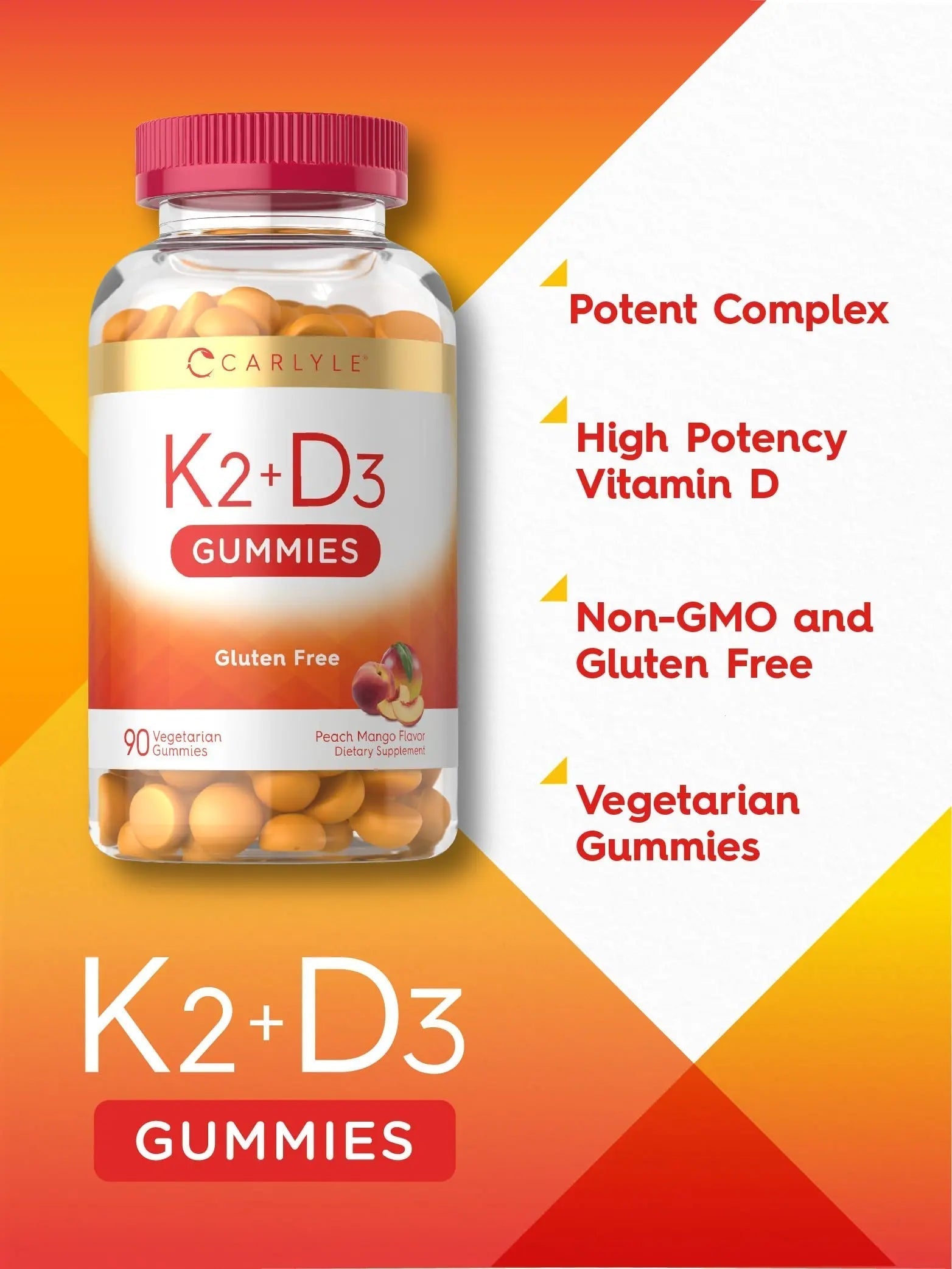 Carlyle Vitamin D3 K2 Gummies | 90 Count | 5,000 IU of D3 + 100 mcg MK7 | Peach Mango Flavor CarlyleAu supplements
