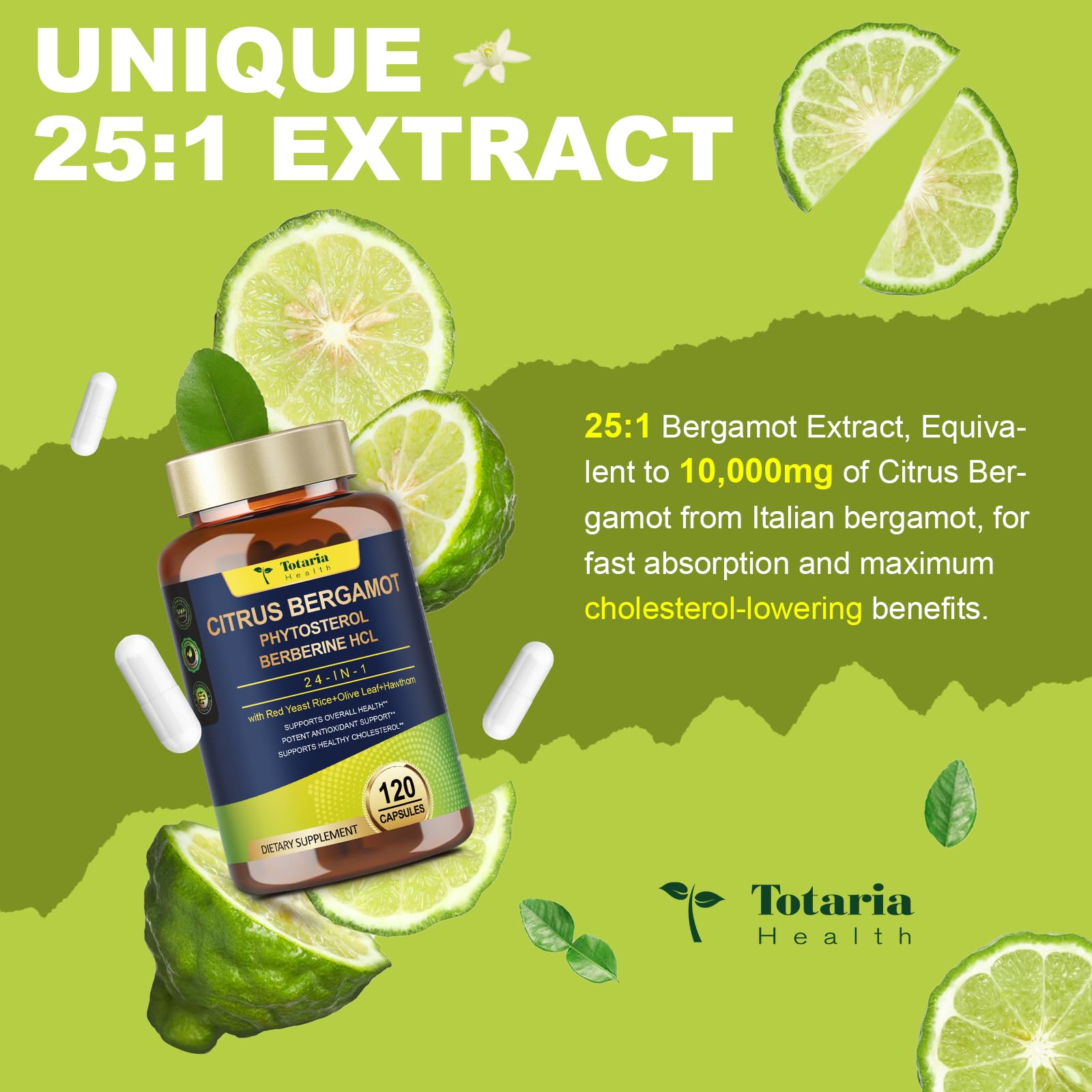 Citrus Bergamot Supplement for High Cholesterol - Italian Citrus Bergamot & Plant Sterols Stanols Natural Way to Balance Cholesterol Level, Cholesterol Lowering Supplements, Vegan, Non-GMO, 120 Counts TotariaAu supplements