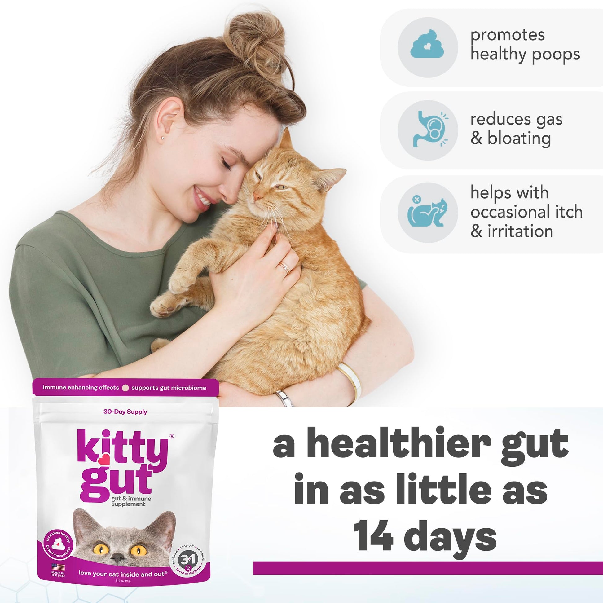 KittyGut 3-in-1 Organic Cat Probiotics & Postbiotic Supplement Powder- Made in USA-Probiotics for Cats Promote Gut Health and Cat Digestive Support, Diarrhea and Vomiting (60g) MUTTGUTAu supplements