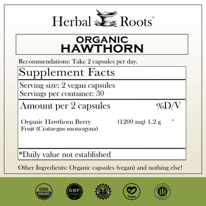 Herbal Roots Organic Hawthorn Berry Capsules | Extra Strength 1,200mg per Serving | 60 Vegan Capsules Herbal RootsUS supplements