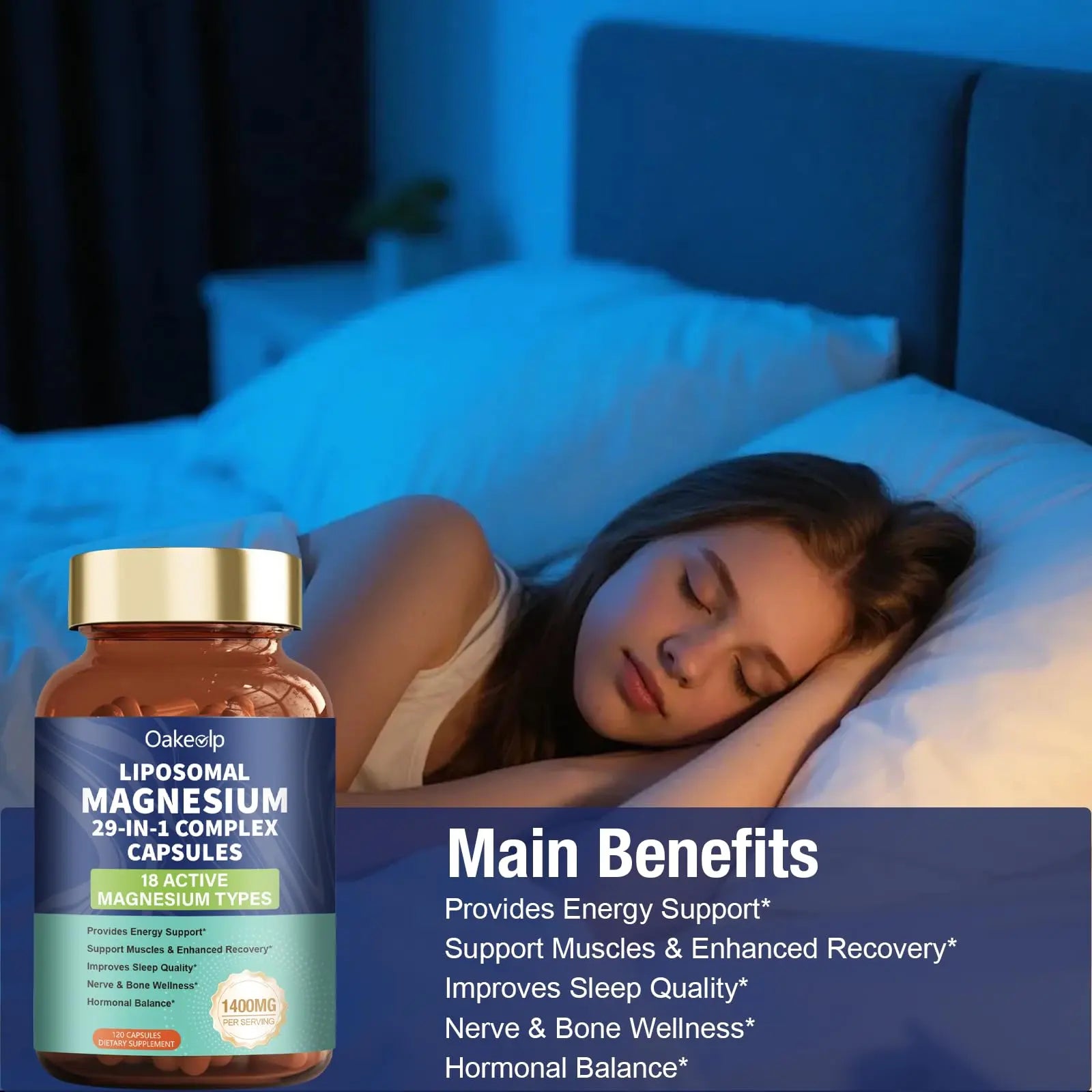 29-in-1 Liposomal 18 Active Types Magnesium Complex 1400MG Capsule,L-Threonate Glycinate Malate etc,Mild & Efficient,Extra Vitamin B6 B12 D3K2 & CoQ10, Relaxation Nerve* & Hert* Support Oakevlpnz supplements