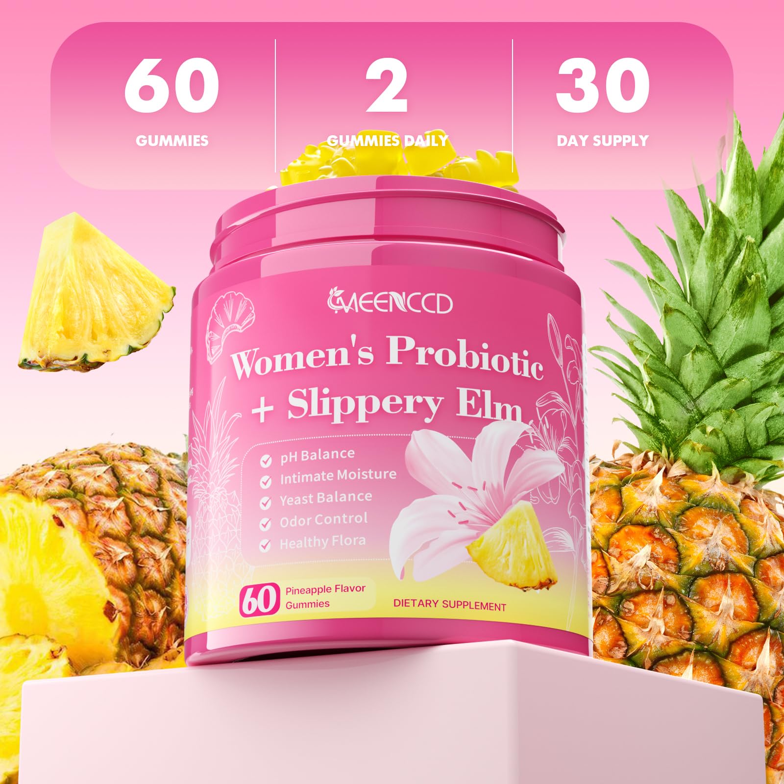 MEENCCD Her Juicy Feminine Probiotics Gummies with Slippery Elm & Lactobacillus Blend, Supports pH Balance & Immune Function, Promotes Vaginal Wellness, Pineapple Flavor, 60 Count MEENCCDAu supplements