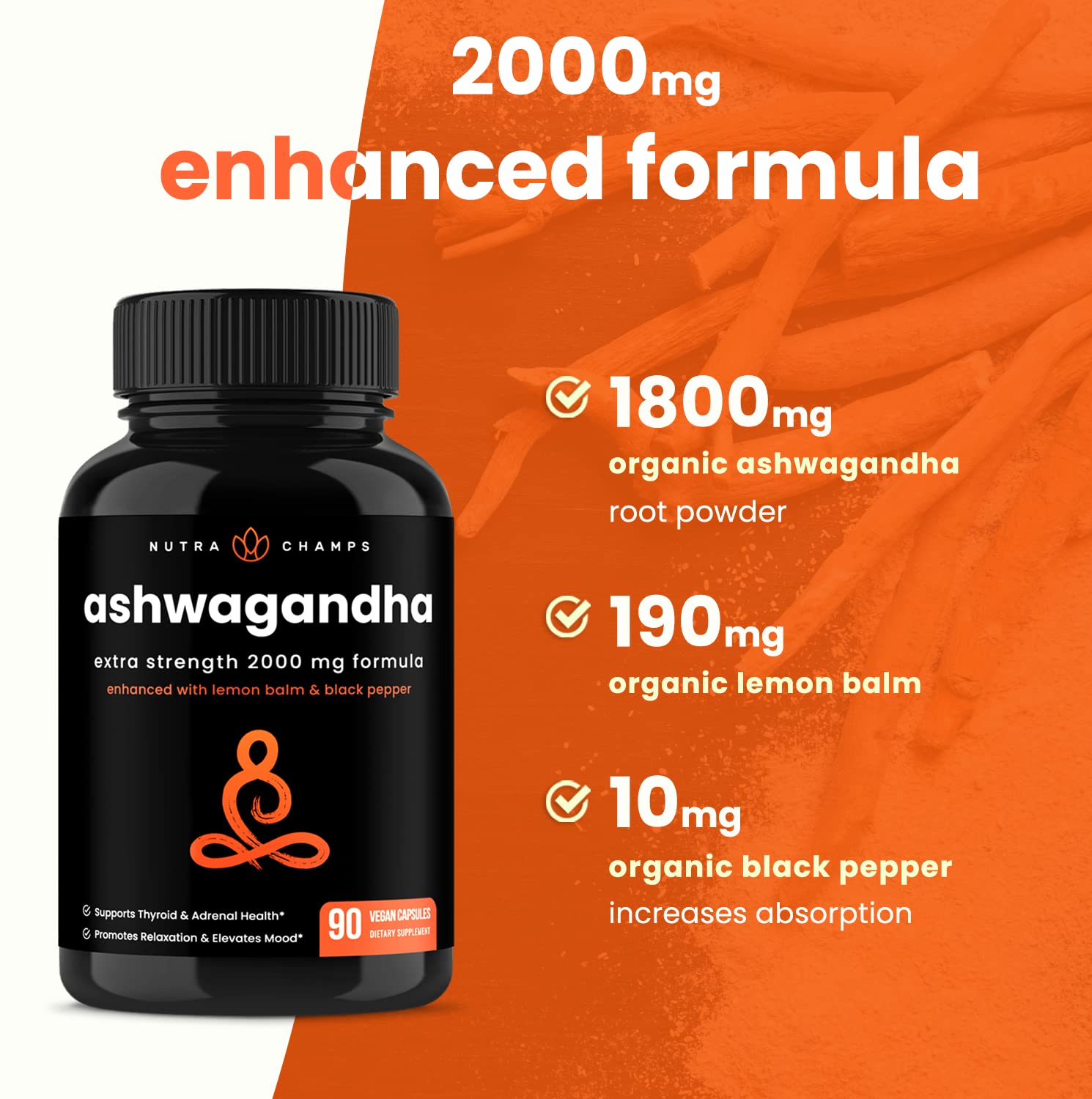 NutraChamps Organic Ashwagandha Capsules, 2000mg Adrenal Fatigue, Thyroid & Mood Support Ashwagandha Supplements, Ashwagandha Root Powder & Lemon Balm, Superior Absorption with Black Pepper NutraChampsAu supplements