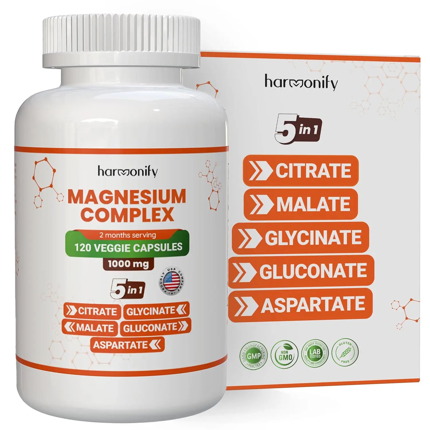 HARMONIFY Magnesium Glycinate Citrate Malate Aspartate Gluconate, 5 in 1 Formula, 120 Purified Veggie Capsule, 1000 mg, Gluten Free, Non-GMO, 60 Days Serving HARMONIFYAu supplements
