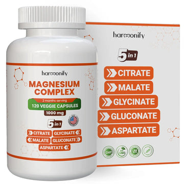 HARMONIFY Magnesium Glycinate Citrate Malate Aspartate Gluconate, 5 in 1 Formula, 120 Purified Veggie Capsule, 1000 mg, Gluten Free, Non-GMO, 60 Days Serving HARMONIFYAu supplements