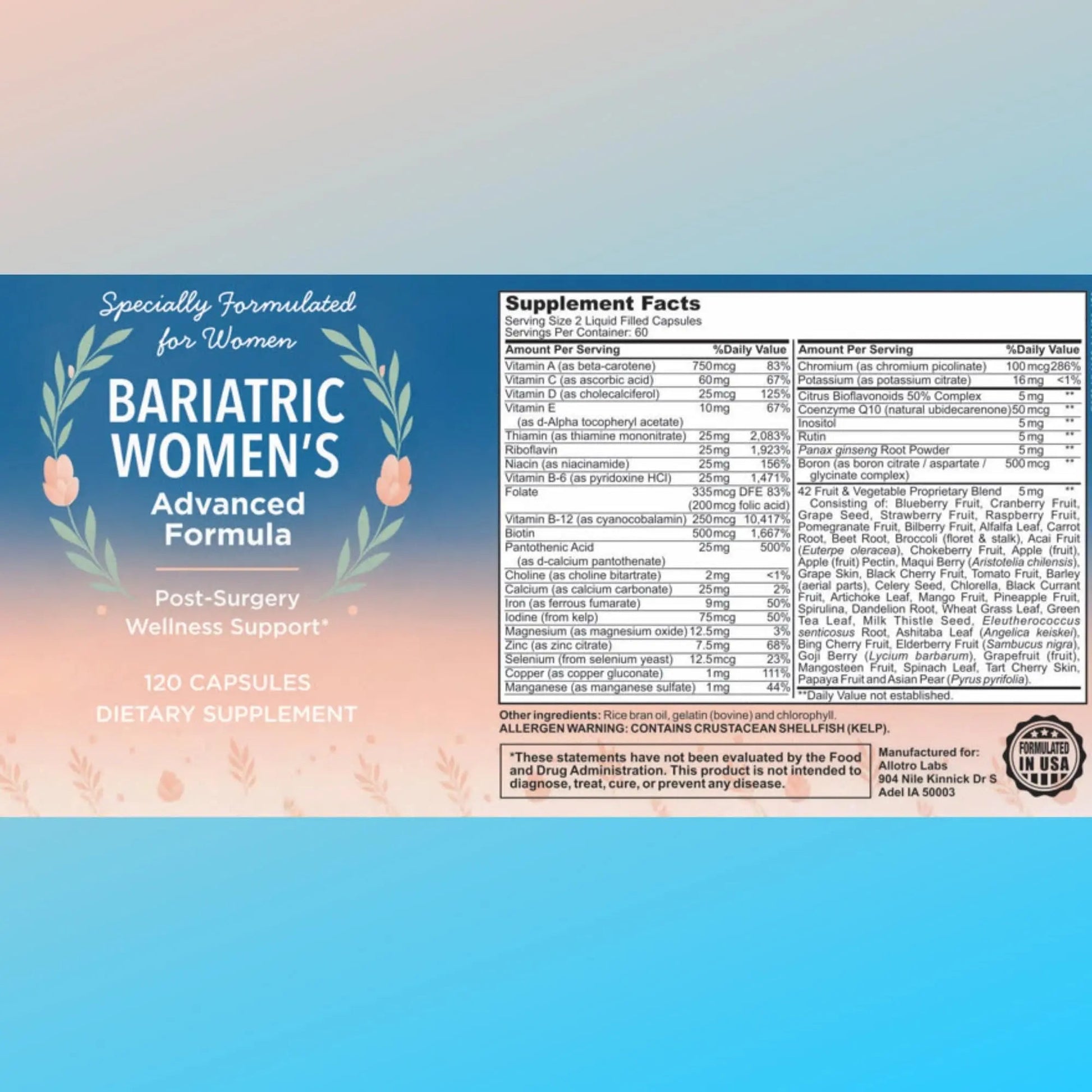 Allotro Labs Bariatric Women’s Advanced Formula – Liquid Multivitamin for Women After Bariatric Surgery, 120 Capsules (60-Day Supply) Allotro LabsAu supplements