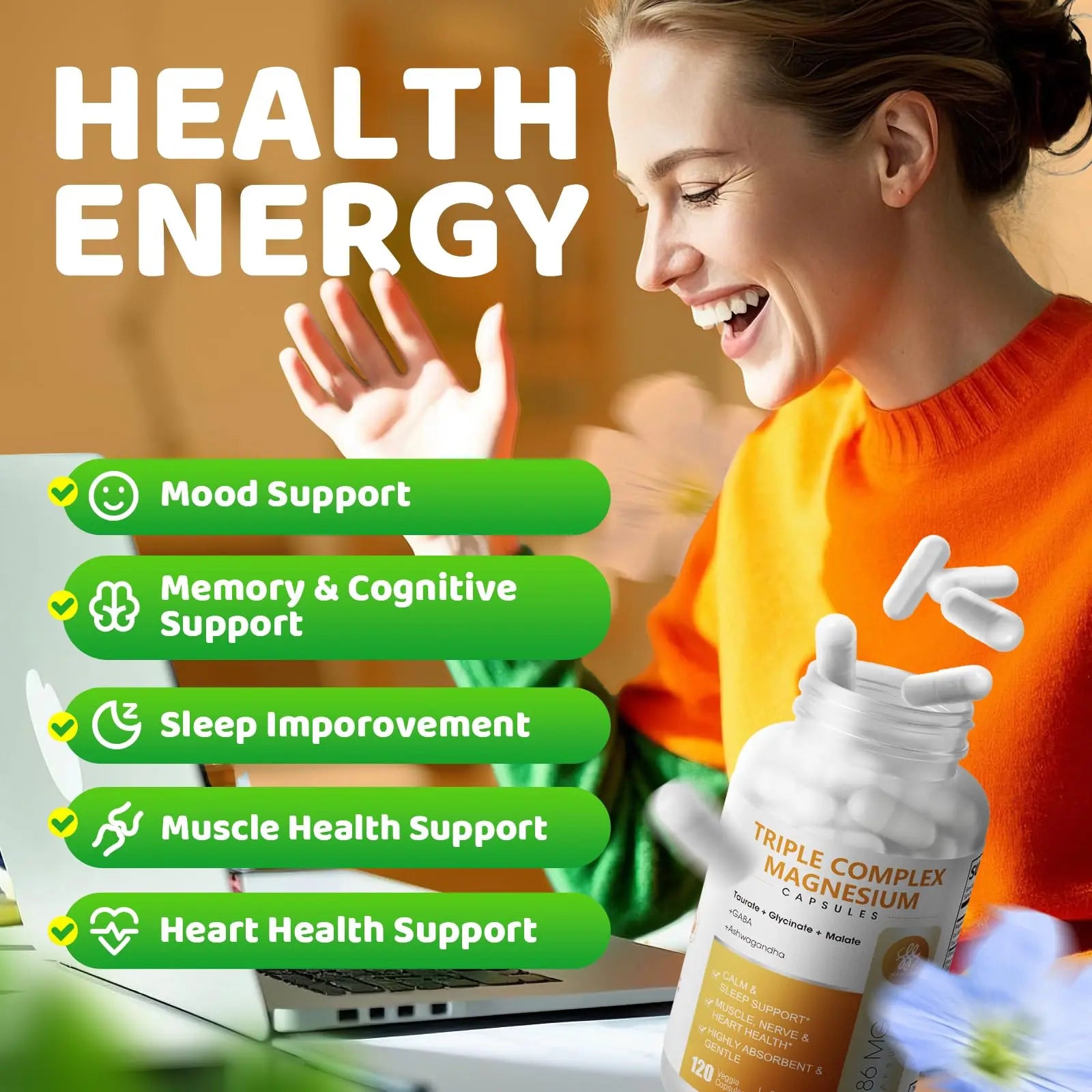 Triple Magnesium Complex - Magnesium Glycinate, Taurate & Malate Supplement with Omega3, Ashwagandha, GABA for Sleep, Brain Heart & Muscle Support - High Absorption and Gentle, Vegan, 120 Capsules iMATCHMEnz supplements