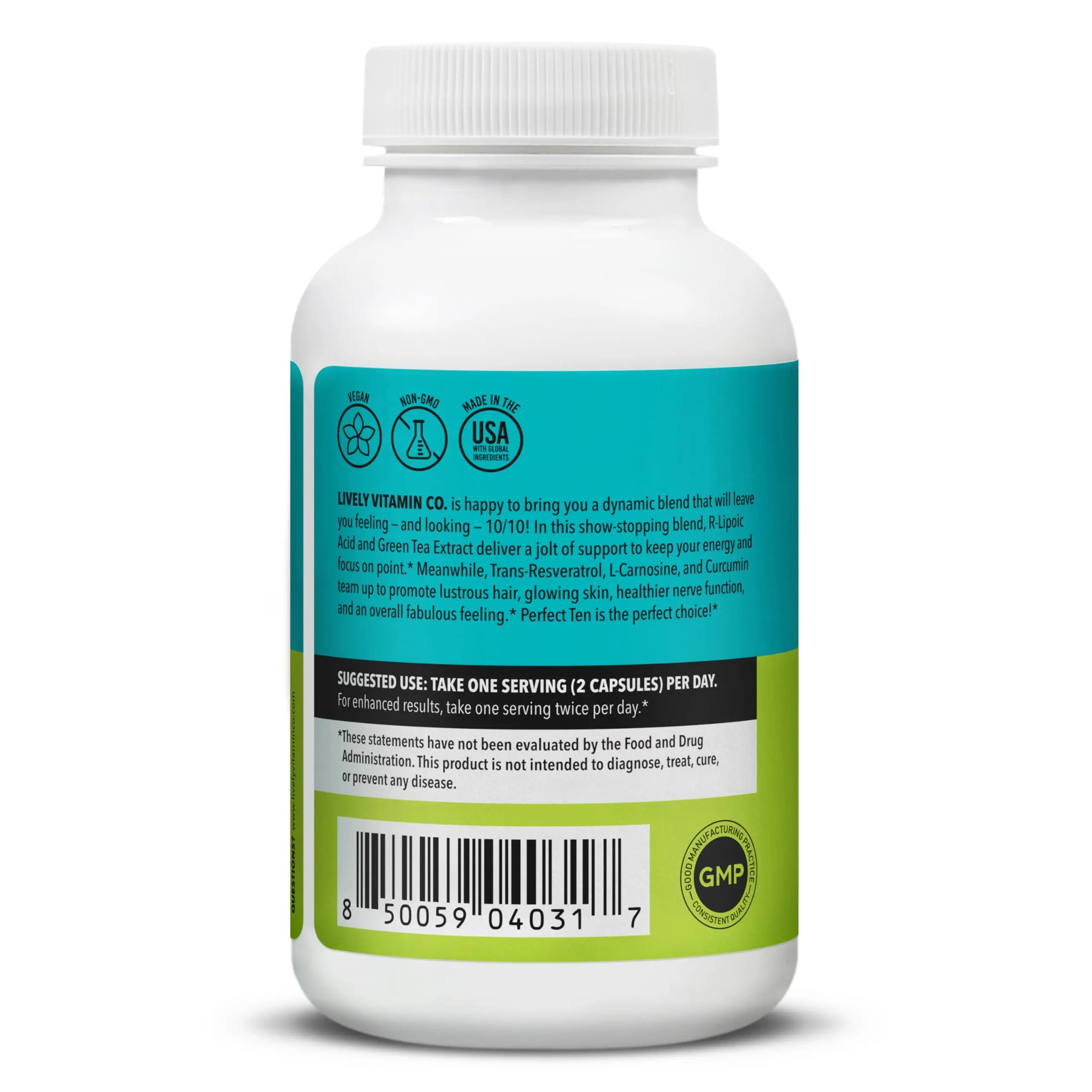 LIVELY VITAMIN CO. Perfect Ten - Anti-Aging & Antioxidant Supplement - Biotin & Lipoic Acid - Healthy Hair, Skin, Nails - Energy Boost - Sharper Brain Function - Stronger Immunity - 60 Capsules LIVELY VITAMIN COnz supplements