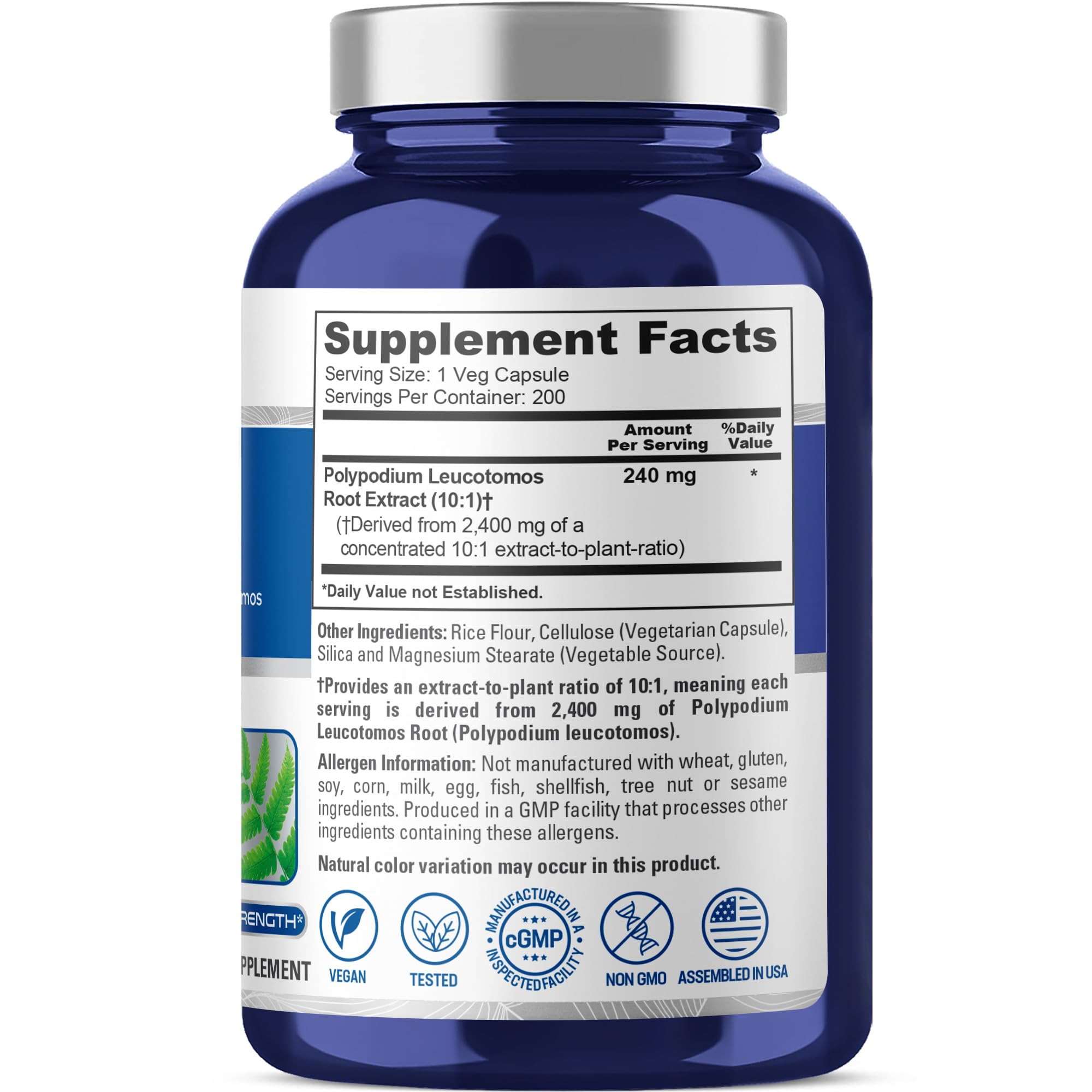 NusaPure Polypodium Leucotomos 10:1 Extract, 240 mg Equivalent to 2400mg 200 Veggie Capsules (Vegetarian, Non-GMO, Vegan) NusaPureAu supplements