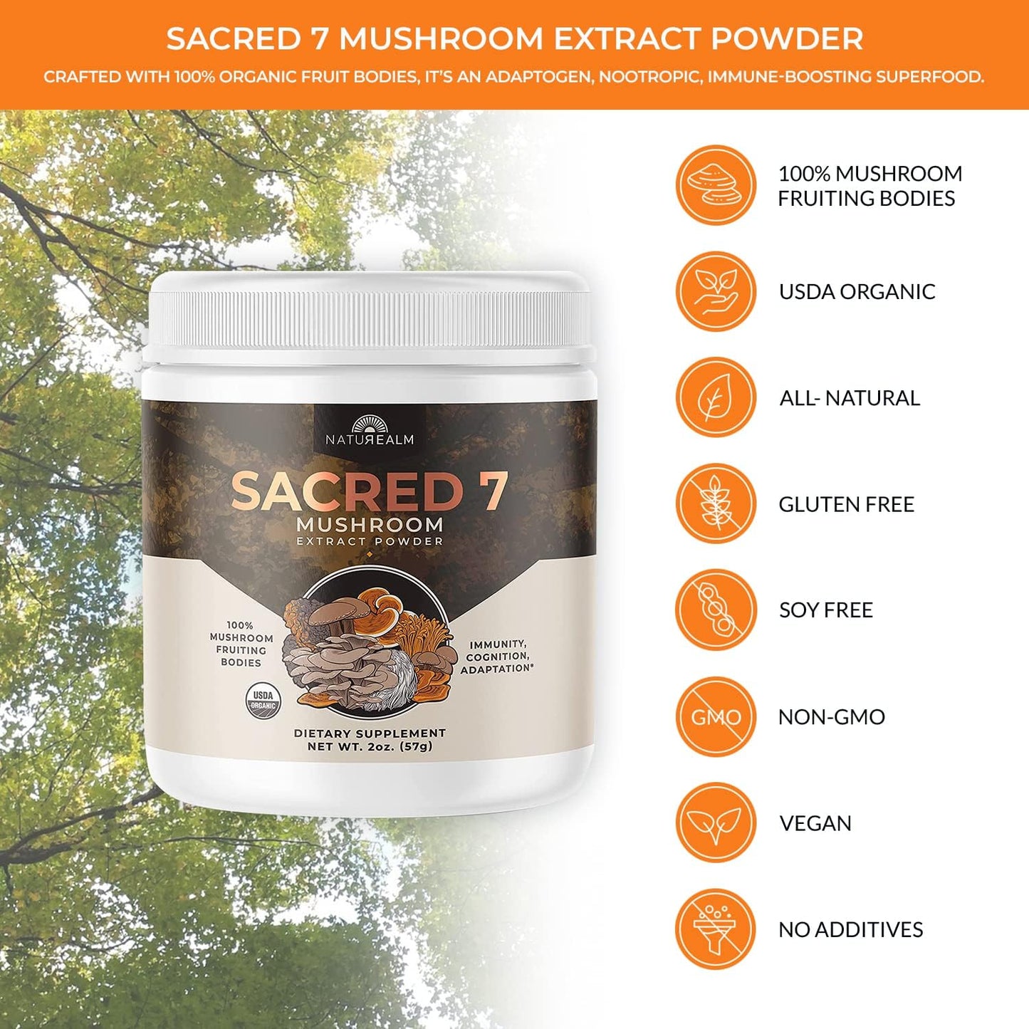 Naturealm Sacred 7 Mushroom Extract Powder - USDA Organic - Lion's Mane, Reishi NaturealmUS supplements