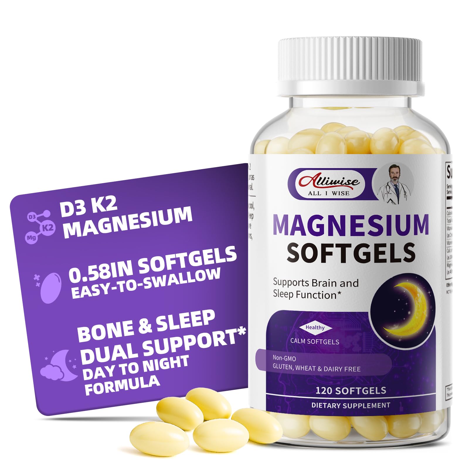 Magnesium Glycinate 400mg Softgels, Small Easy to Swallow High Absorption Magnesium Supplement, with Vitamin D3 & K2 for Sleep Relax Calm Muscle Bone* Health, 120 Gelcaps AlliwiseAu supplements