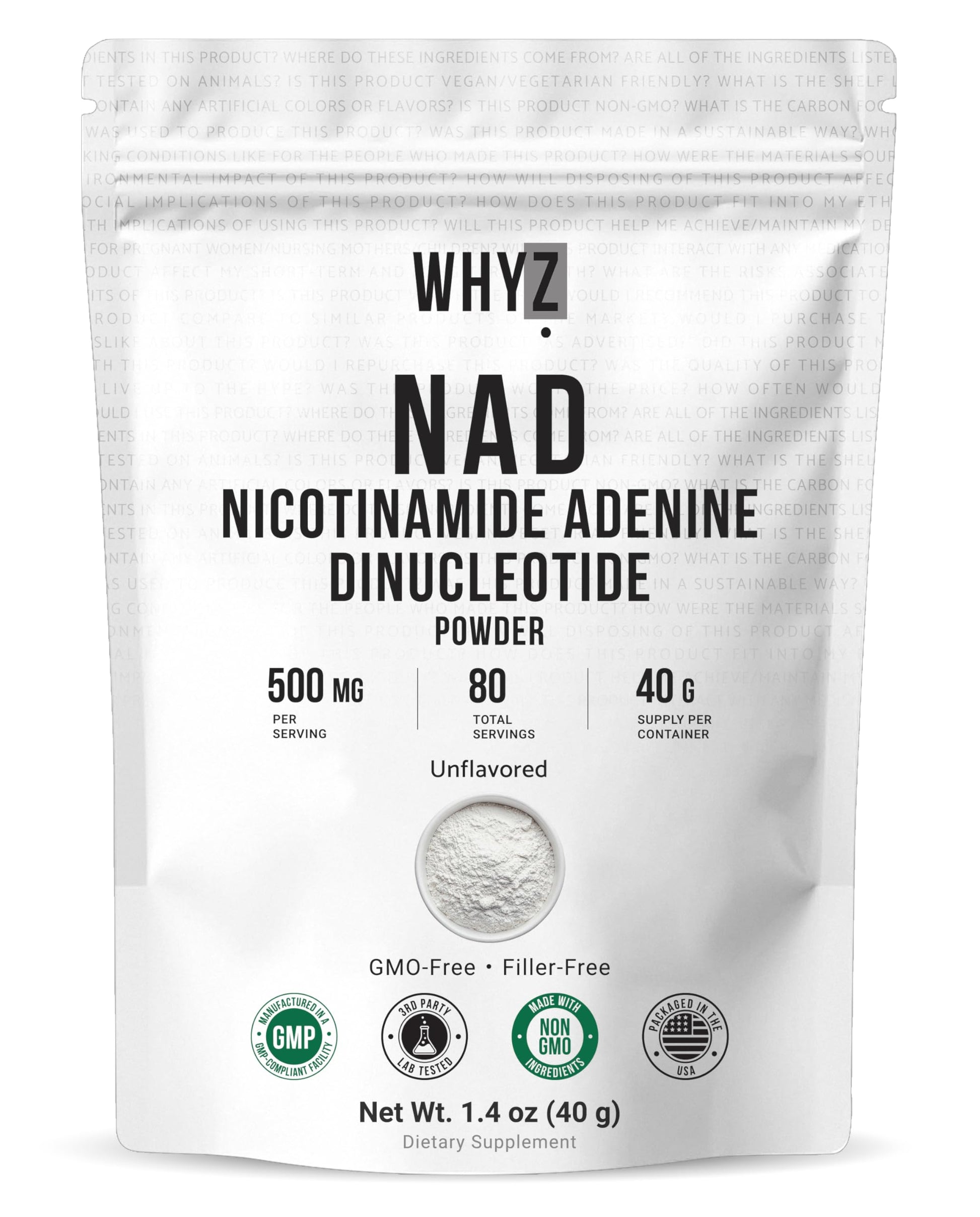 Pure NAD Powder Nicotinamide Adenine Dinucleotide Supplement Unflavored and Gluten-Free Premium Pure NAD Powder for Daily Wellness and Nutrition Support, 40g WHYZAu supplements