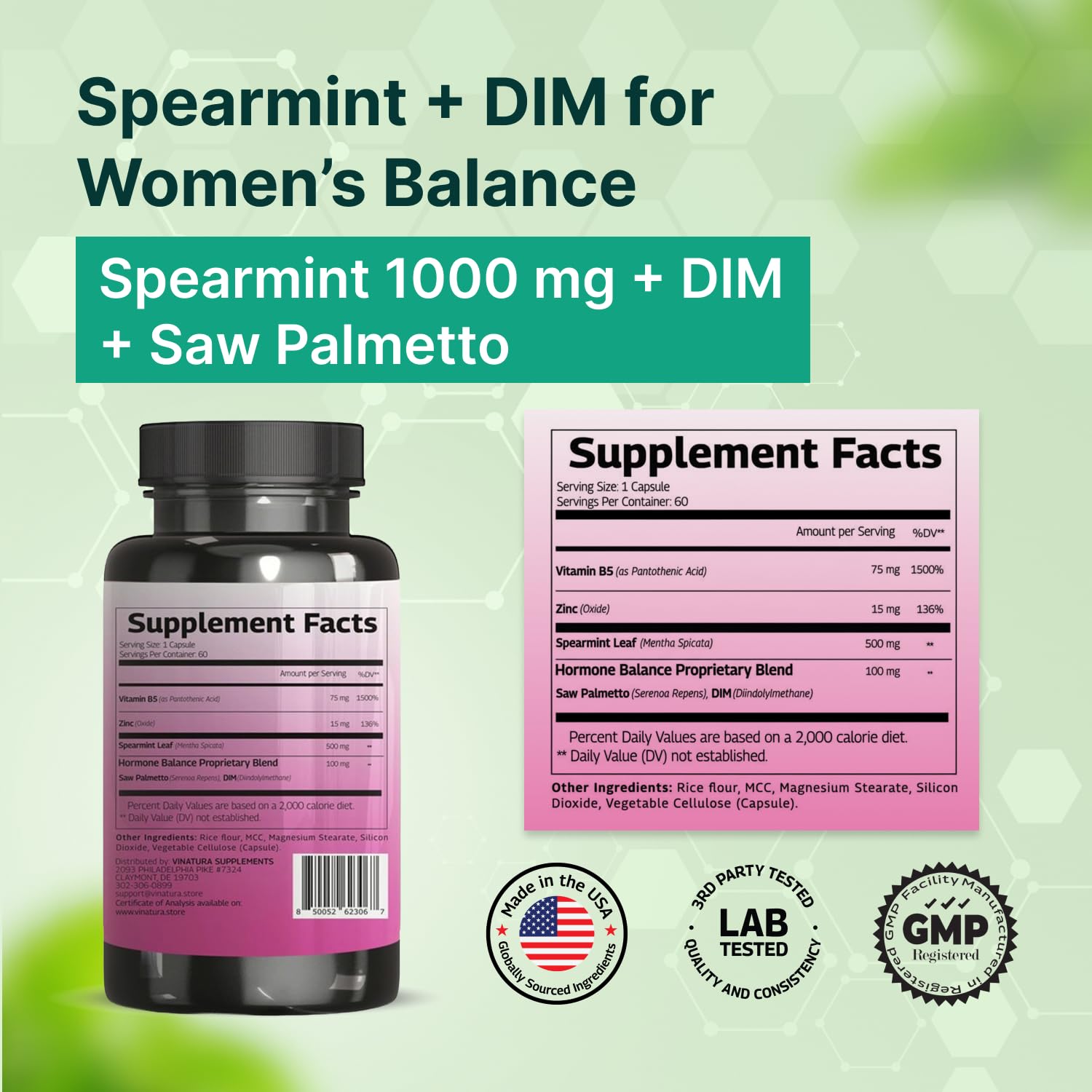 VINATURA Spearmint Leaf Capsules Supplement - Enhanced with DIM & Saw Palmetto, for Unwanted Hair, Women' Health & Skin *USA Made & Tested* - 1380mg/serving, 60 Capsules (30 Servings) VINATURAAu supplements