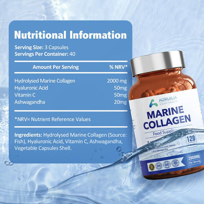 Marine Collagen Supplements for Women Men 2000mg 120 Capsules Hyaluronic Acid, Vitamin C, Vitamin E, & Ashwagandha AoruiliaUS supplements