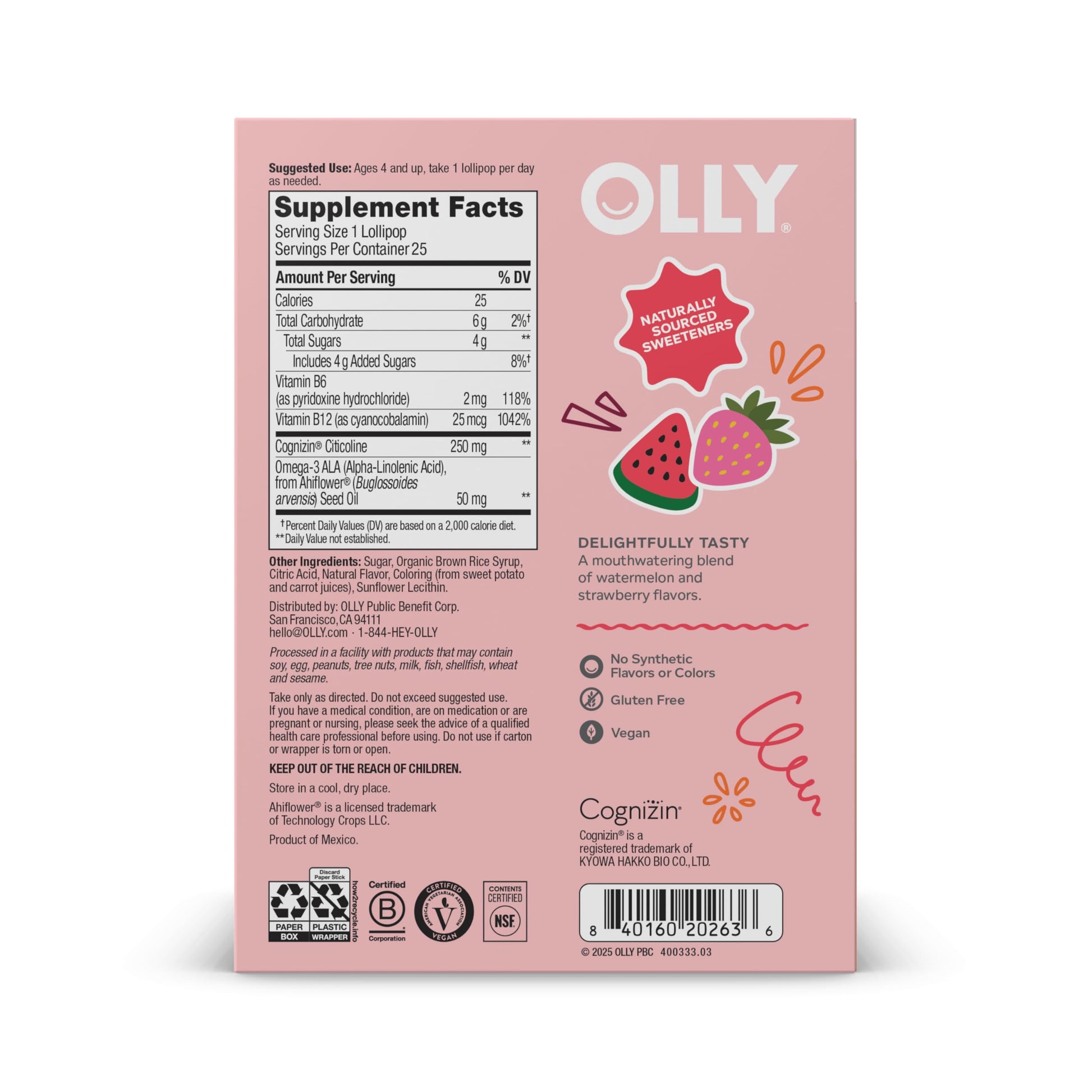 OLLY Focus Buddies L’OLLY Pops, Cognizin, Vitamins B6 and B12, Omega-3 ALA, Supports Focused Attention and Healthy Brain Function,* Kids 4+ Dietary Supplement, Watermelon Strawberry Flavored, 25 Count OLLYAu supplements