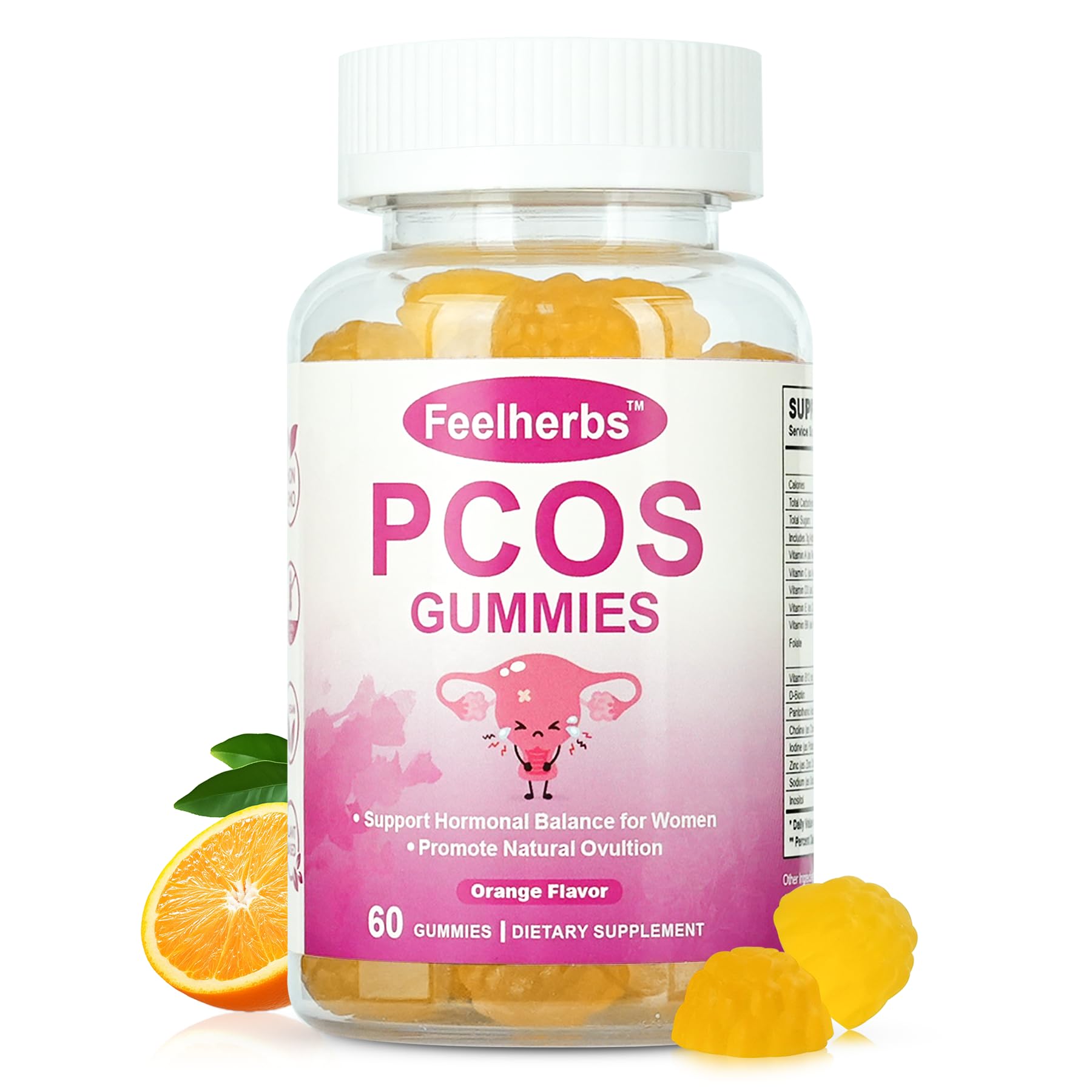 PCOS Gummies for Women Menstrual Cycle & Hormonal Balance, 60 Count Ovarian Support Gummies with Myo-Inositol, Folate and Vitamins, Orange Flavor PCOS Vitamins Gummies Helps Fertility and Ovulation FeelherbsAu supplements