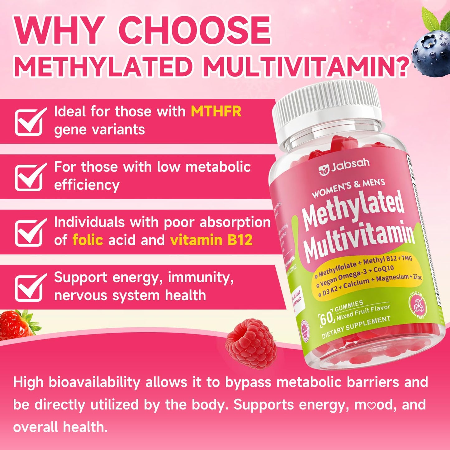 Methylated Vitamin B Complex Gummies for Women & Men, Multivitanins Gummy with Vitamin A, C ,E, Methylfolate & B12, TMG, Calcium, D3 K2 JabsahUS supplements