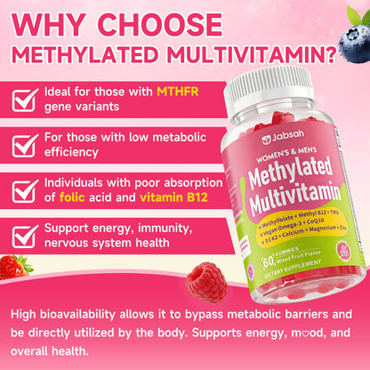 Methylated Vitamin B Complex Gummies for Women & Men, Multivitanins Gummy with Vitamin A, C ,E, Methylfolate & B12, TMG, Calcium, D3 K2 JabsahUS supplements
