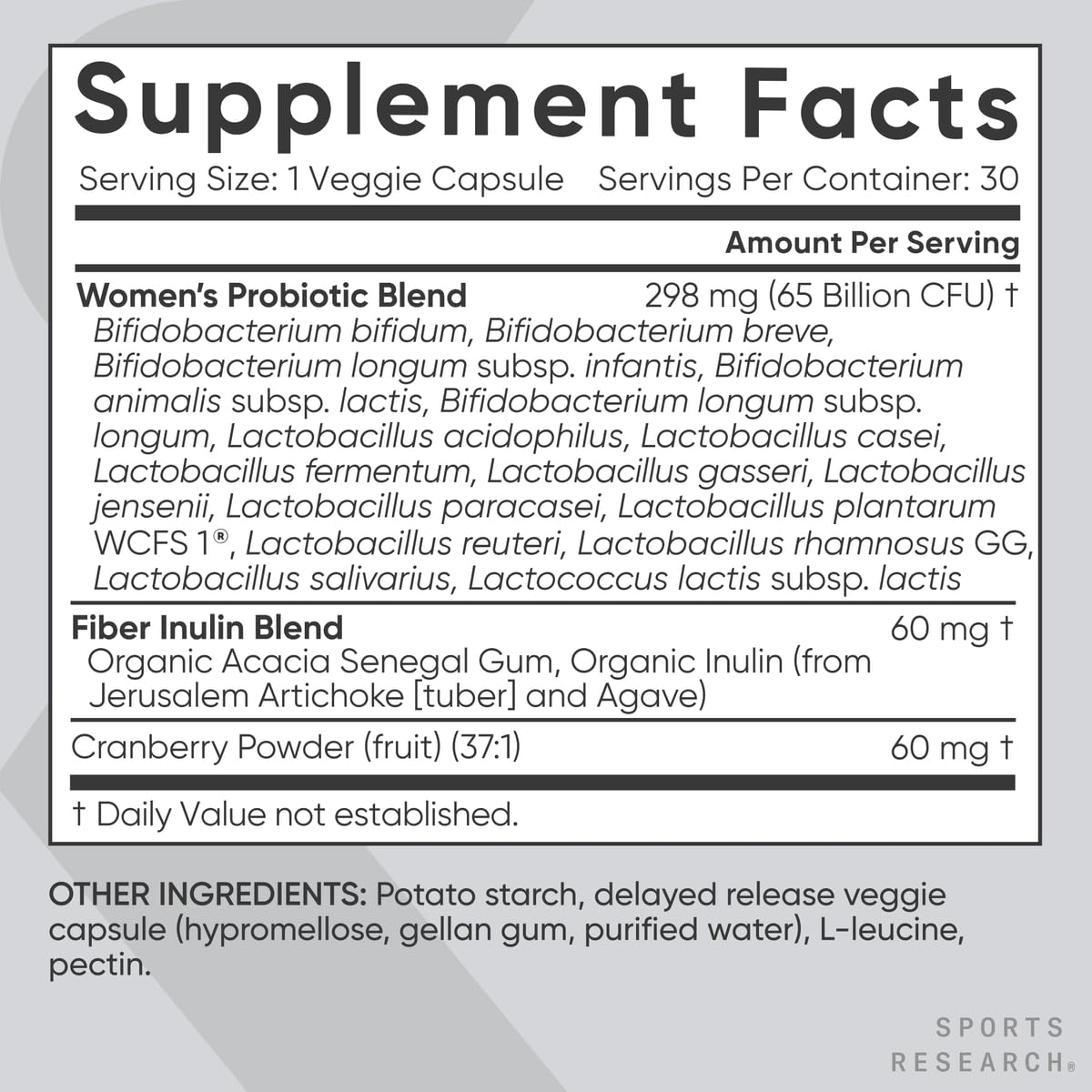 Sports Research Women's Probiotics with Prebiotics, 65 Billion CFU - Vegan Capsules for Gut Health & Digestive Support, Probiotics for Women with Cranberry - Non-GMO Verified & Gluten Free - 30 Count Sports ResearchAu supplements