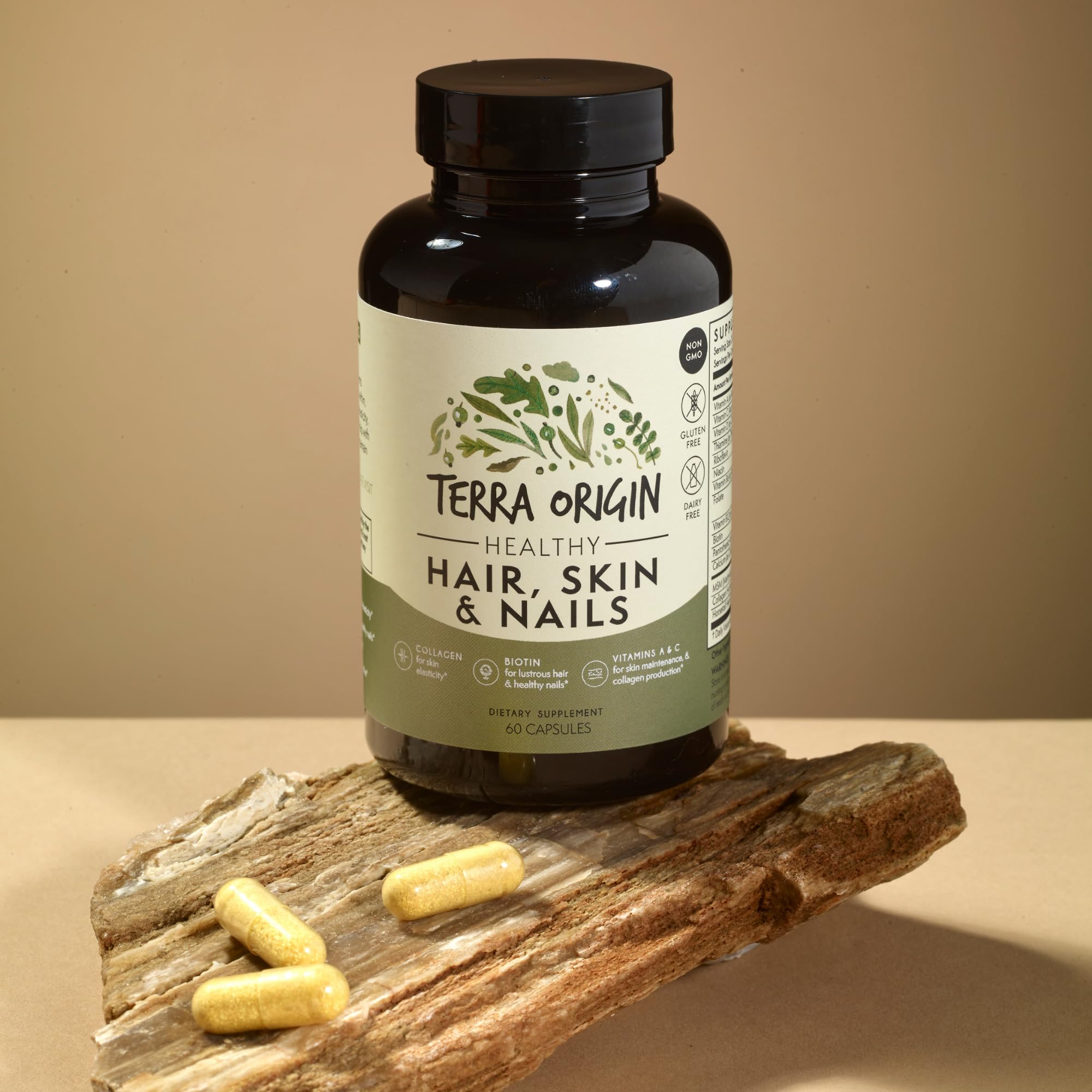 TERRA ORIGIN Healthy Hair, Skin and Nails Supplement | Collagen, Biotin, Horsetail & B-Complex | Supports Hair Strength, Skin Elasticity & Nail Growth | Vitamins for Women and Men | 60 Capsules TERRA ORIGINAu supplements