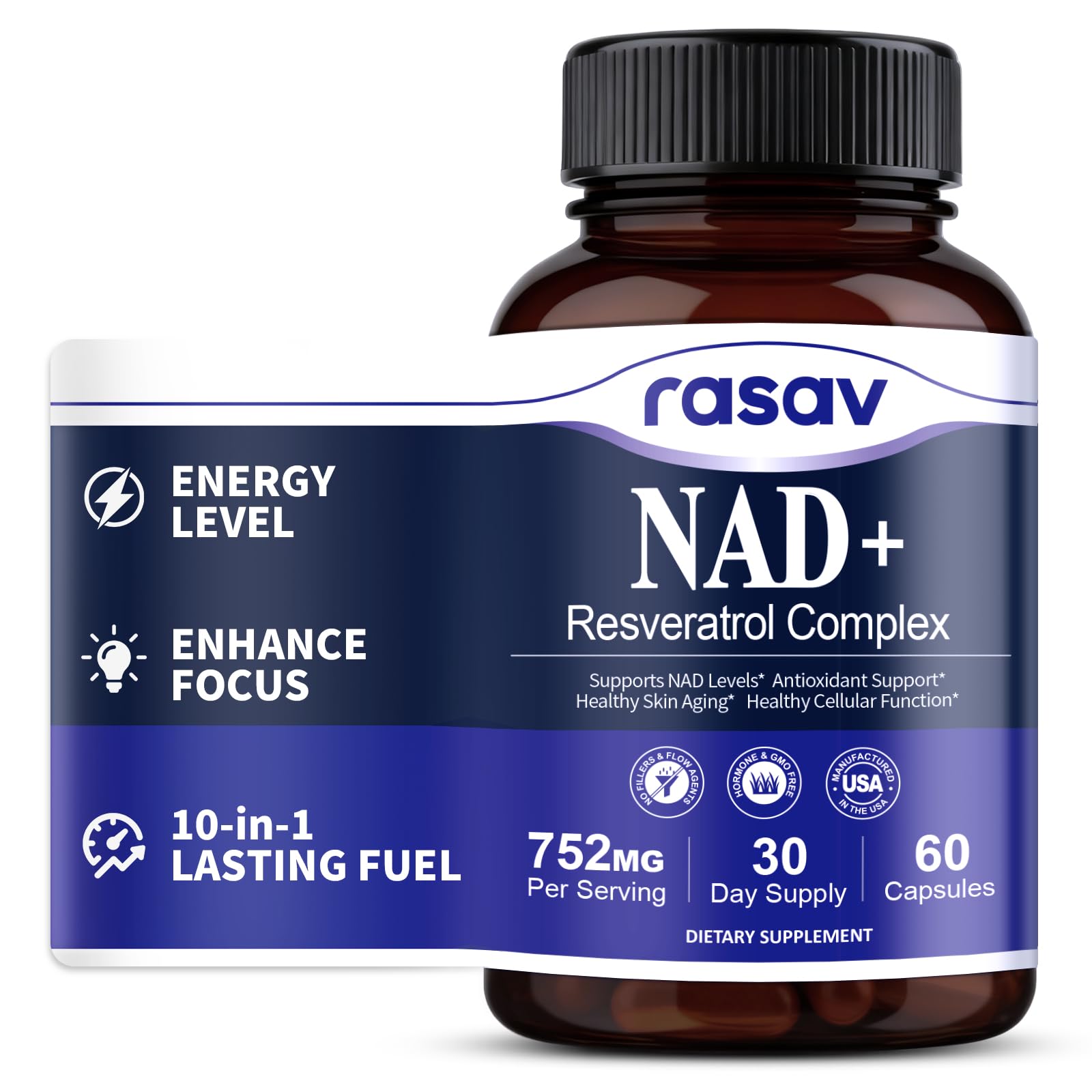Rasav NAD Supplement 10-in-1 Extra Strength – NAD Resveratrol with CoQ10, Urolithin A, Green Tea Extract & ALA – NMN Supplement Alternative for Women & Men RasavAu supplements