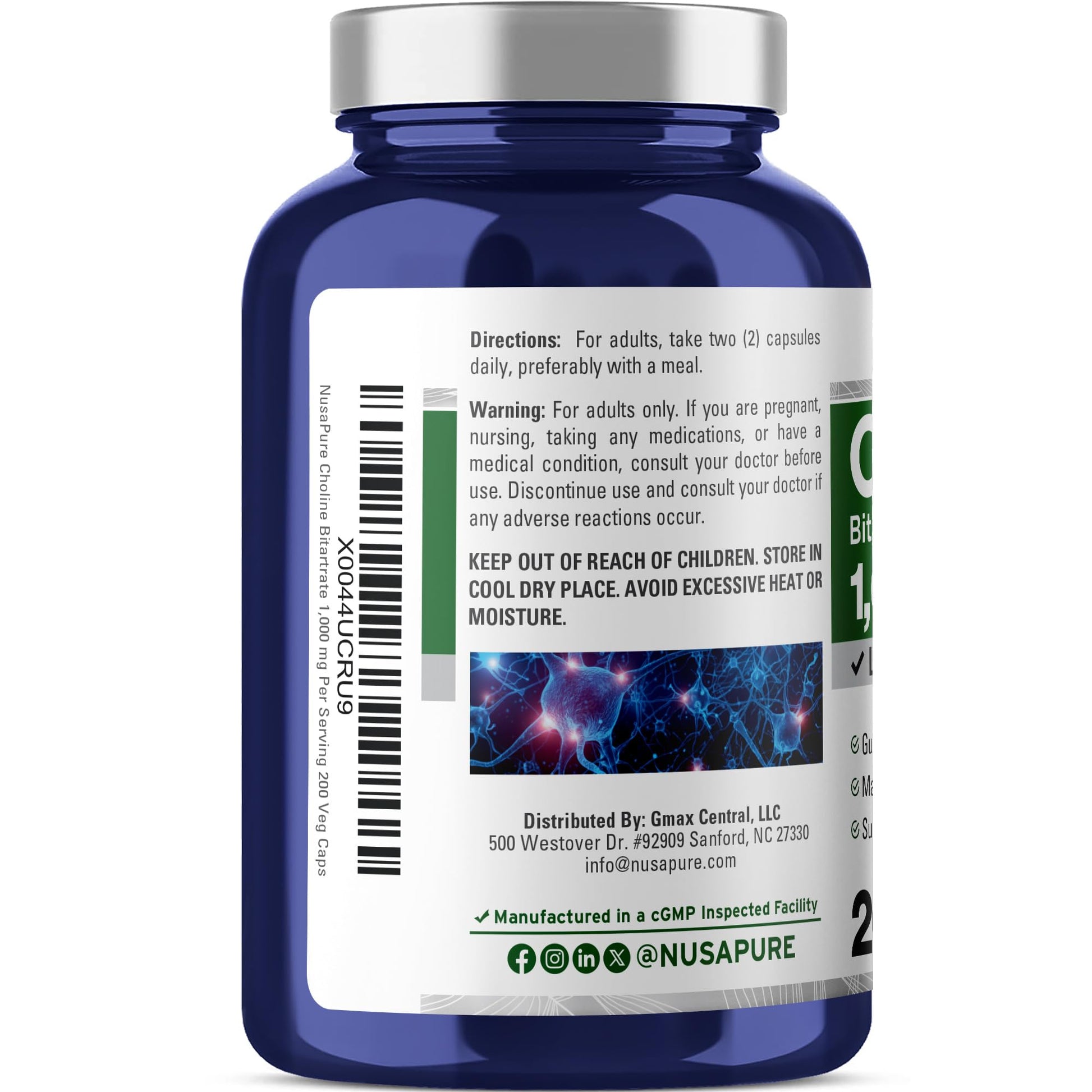NusaPure Choline Bitartrate - Suitable for Vegetarian/Vegan, Non - GMO - 1000 mg 200 Capsules NusaPureAu supplements