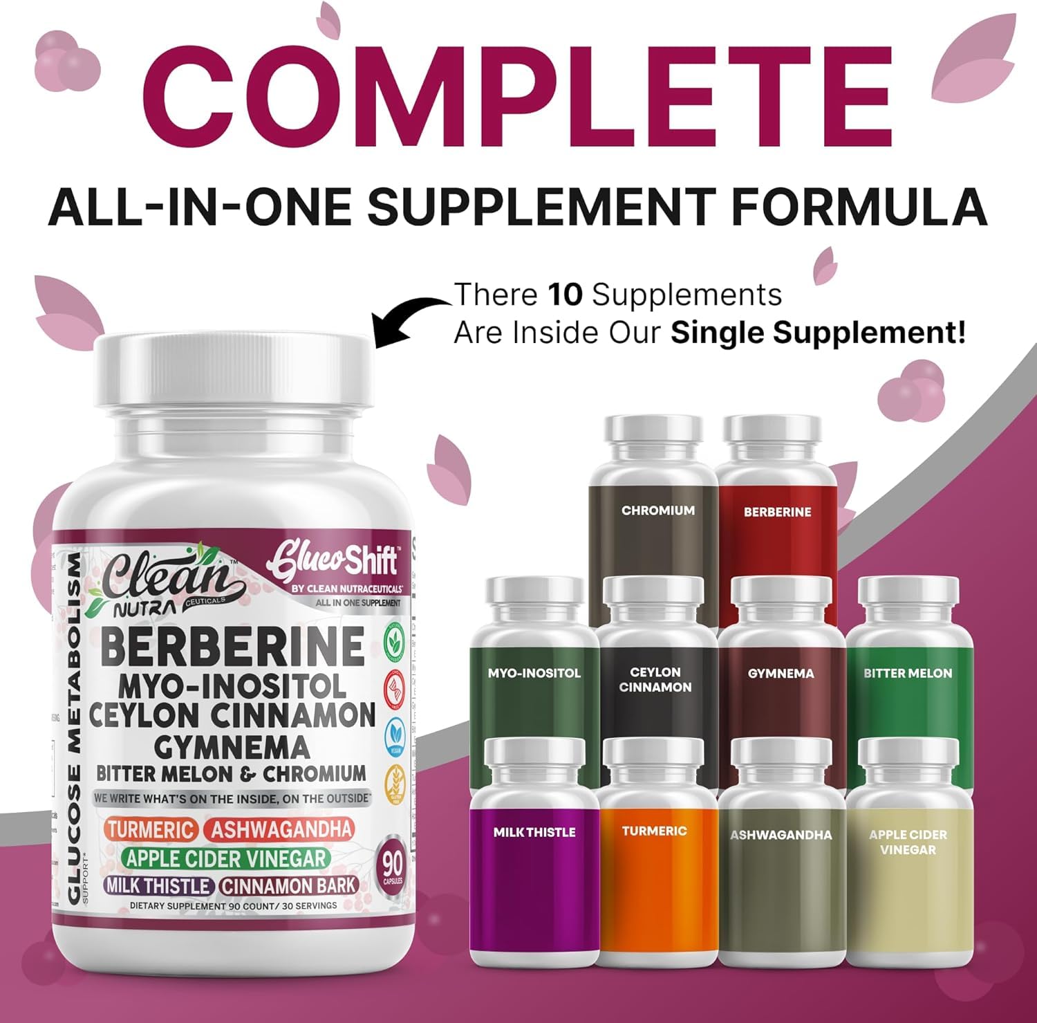 Clean Nutra Berberine Supplement Myo-Inositol Ceylon Cinnamon Gymnema Bitter Melon Chromium Complex for Digestion, Antioxidant Support & Wellness 90 Vegan Capsules Non-GMO Clean NutraceuticalsAu supplements