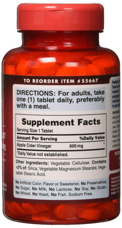 Puritan's Pride Apple Cider Vinegar 600 mg Tablets, 200 Count (Packing May Vary) Puritan's PrideUS supplements