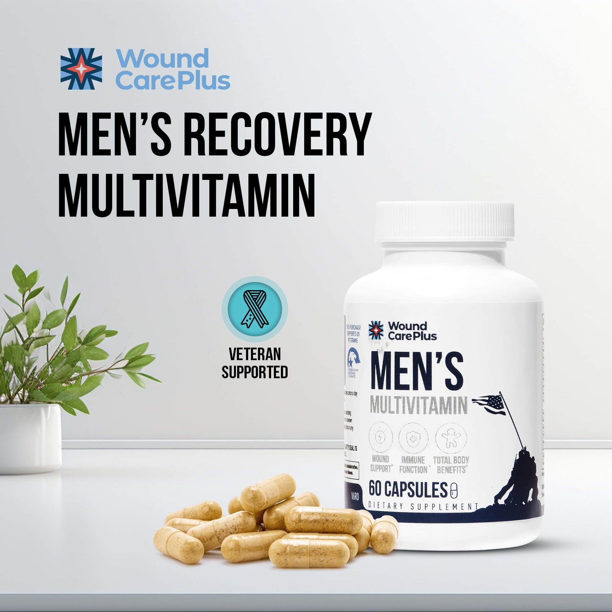 Wound Care Plus Men's Multivitamin – Comprehensive Vitamin & Mineral Blend with Vitamins A, B, C, D, E, Zinc – Supports Immune Health, Energy & Skin Wellness – 60 Capsules – Non-GMO, Gluten-Free WOUND CAREPLUSAu supplements