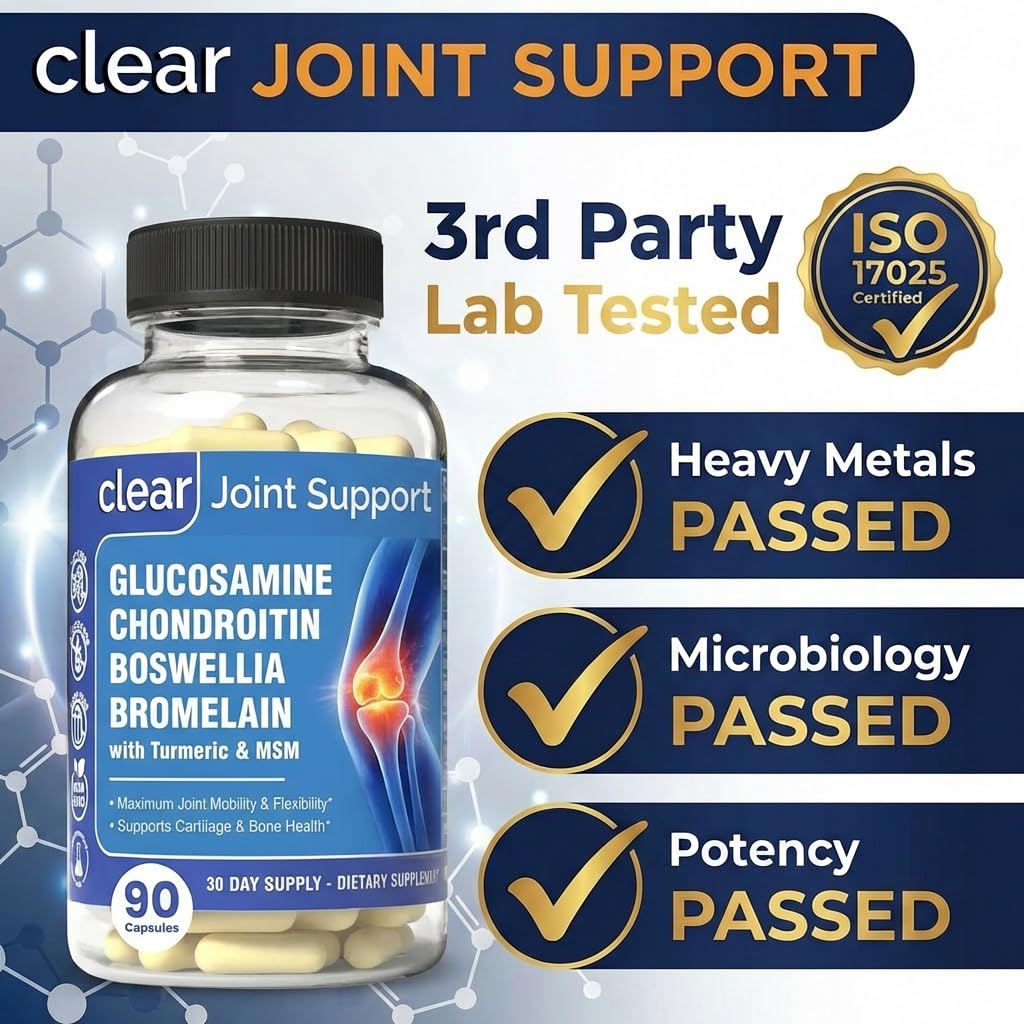 Clear Joint Support - 1500mg Glucosamine Chondroitin MSM - 8 in 1 Joint Health Supplement with Turmeric and Boswellia for Men & Women, Knee, Hip & Back Support, Made in USA, 90 Capsules Clear ProbioticsAu supplements