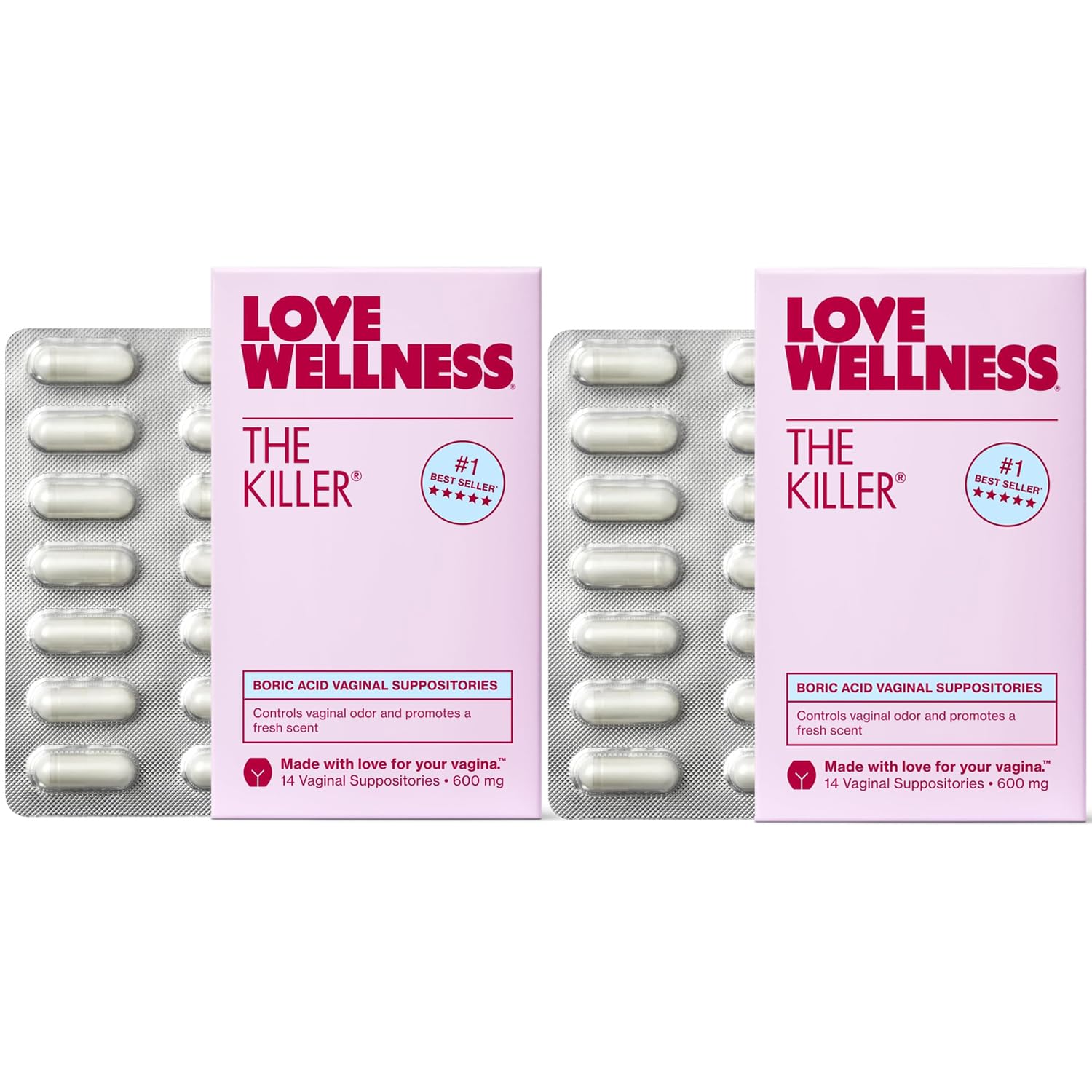 Love Wellness The Killer | 600mg Boric Acid Vaginal Suppositories | Balances pH & Supports Odor Control, a Healthy Vaginal Balance | Fast-Acting & Fragrance-Free | Gentle & Effective | 28 Ct Love WellnessUS supplements
