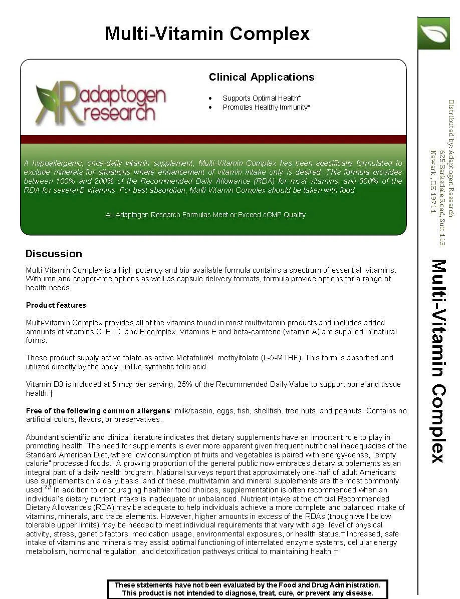 Multi-Vitamin Complex | Once Daily Multivitamin Supplement with Folate as Metafolin L-5-MTHF B12 as Methylcobalamin Vitamin A C D3 and more Adaptogen ResearchAu supplements