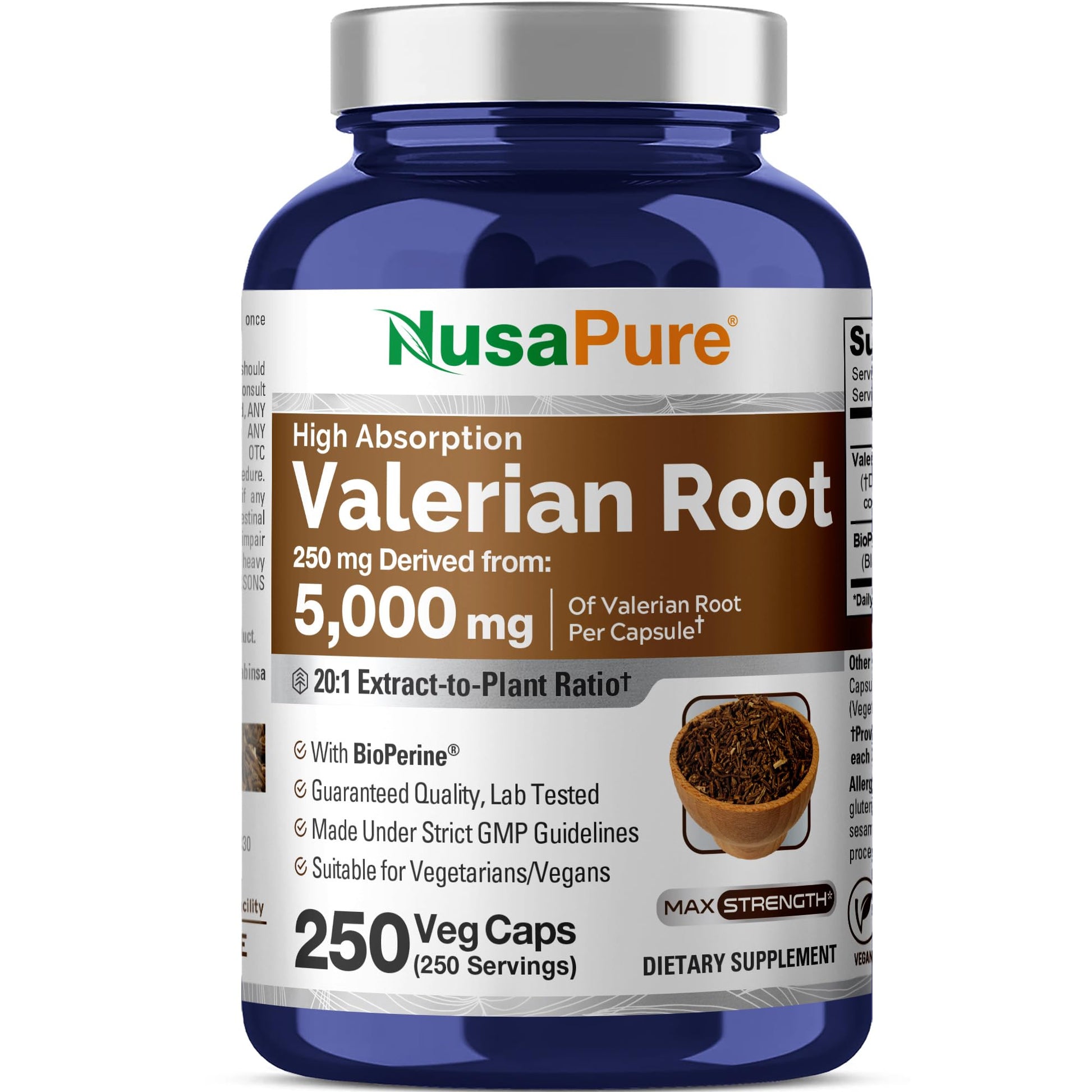 NusaPure Valerian Root 20:1 Extract, 250 mg Equivalent to 5000mg Per Veggie Caps, 250 Count, Vegan, Non-GMO, Bioperine NusaPureAu supplements