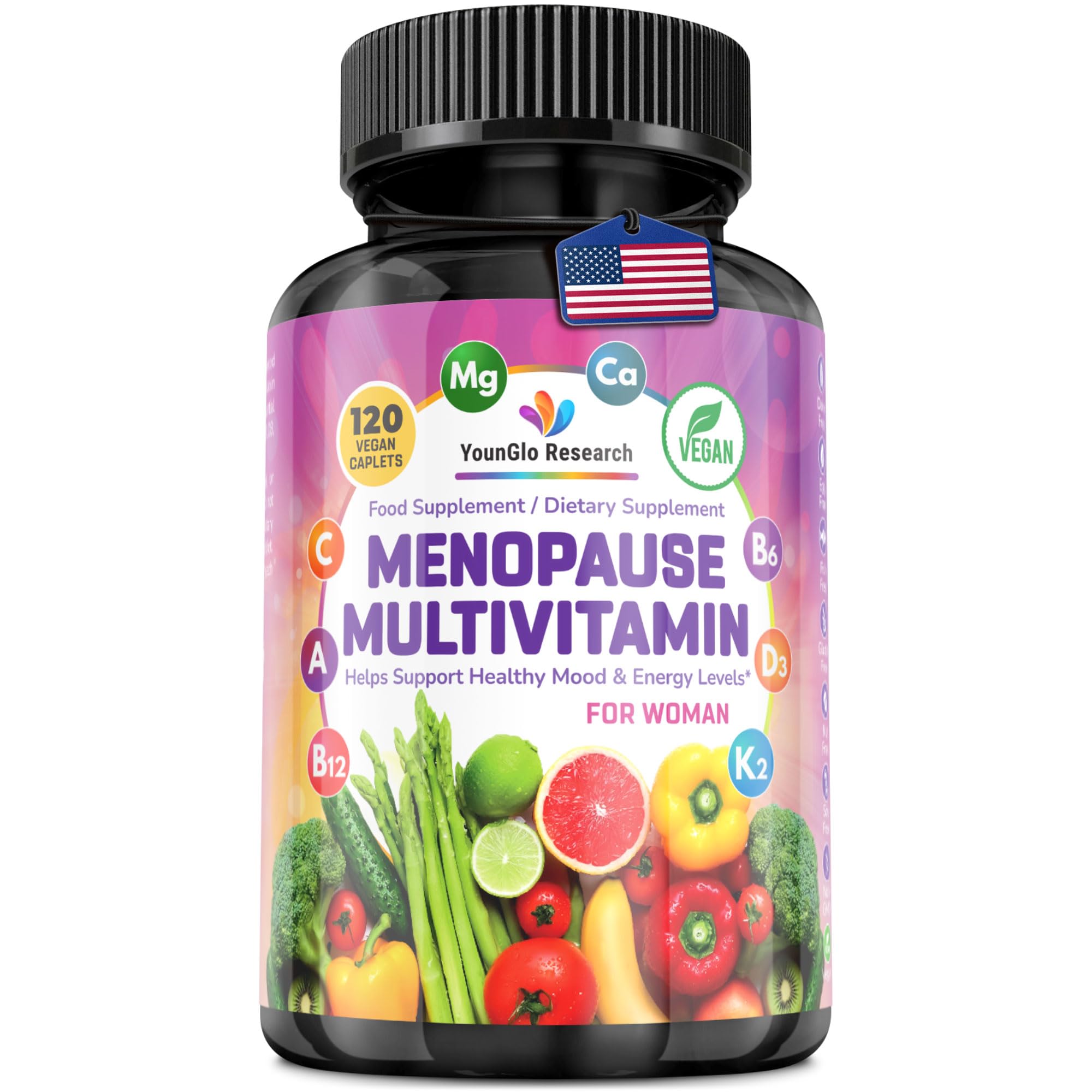 YounGlo Research Menopause Supplement - 120 Vegan Caplets - Menopause & Perimenopause Relief Support - Food and Dietary Vitamins - Multivitamin for Women YounGlo ResearchAu supplements