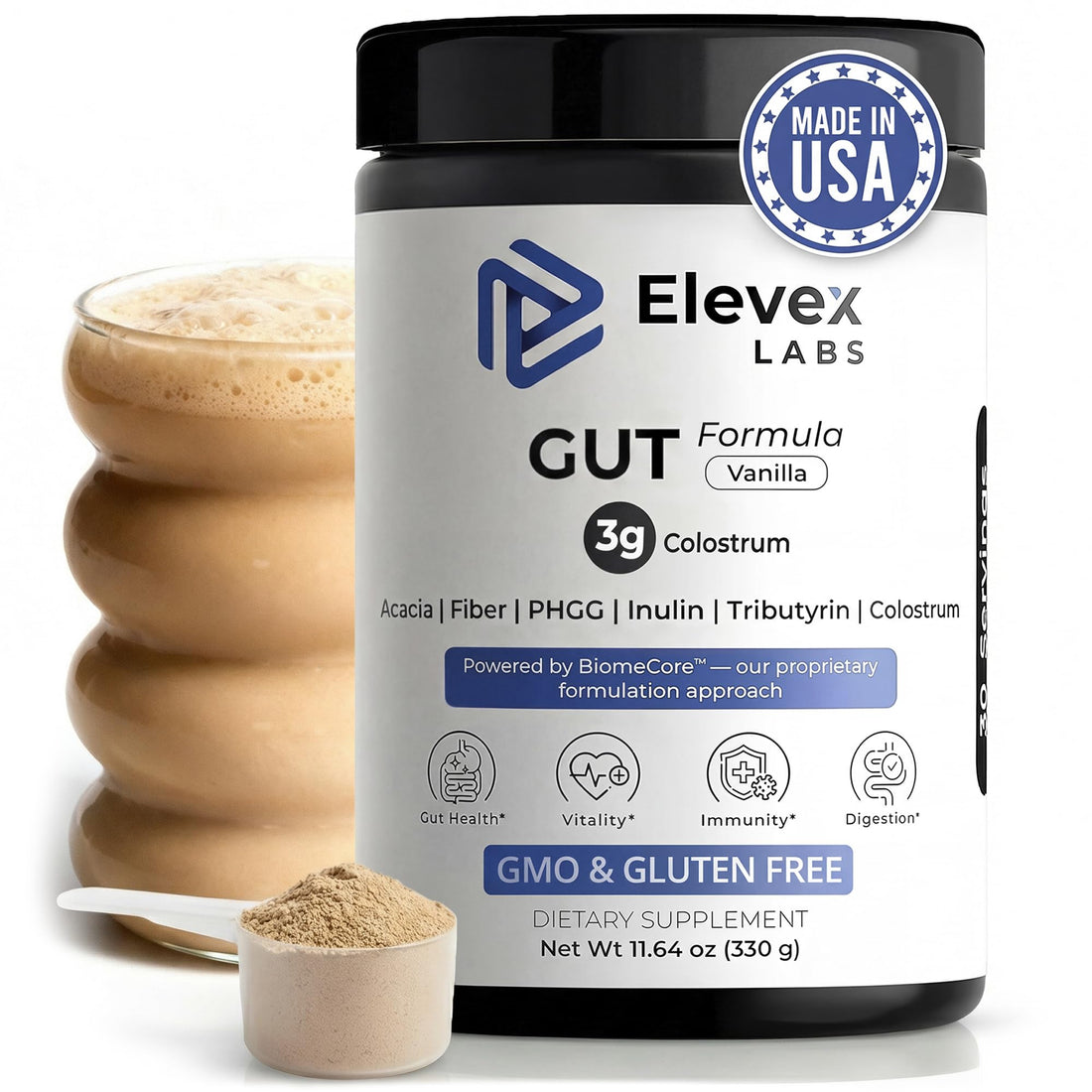 Elevex Labs Gut Health Supplement Powder – Digestive Health Formula with Colostrum, Tributyrin & PHGG Prebiotics for Gut Health, Gut Lining, Gut-Brain & Bloating Relief Elevex LabsUS supplements