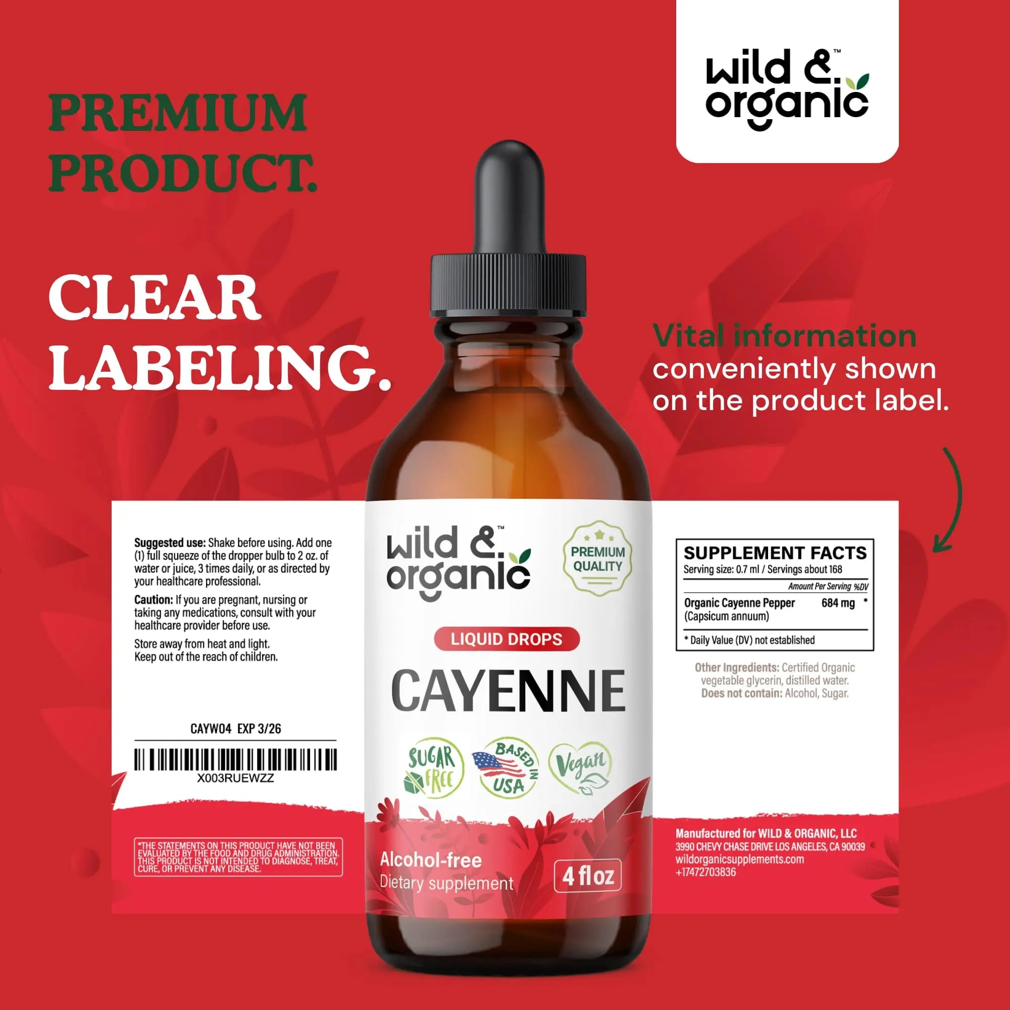 Wild & Organic Cayenne Pepper Tincture - Digestive Support with Capsaicin Extract - Cayenne Pepper Liquid Drops for Overall Well-Being - Unflavored, Vegan, Sugar & Alcohol-Free - 4 fl oz Wild & Organicnz supplements