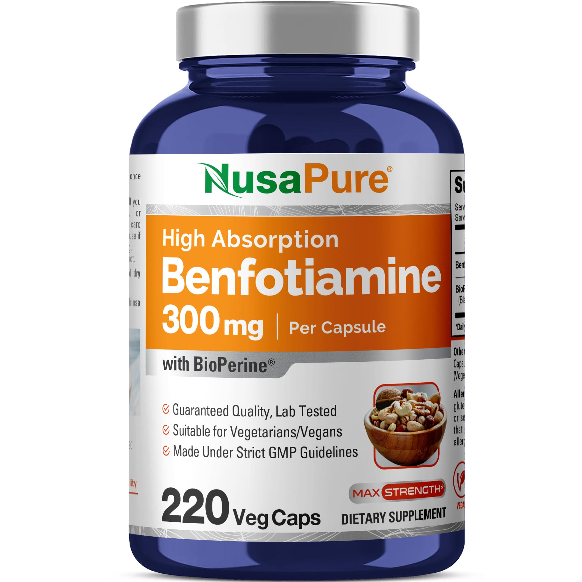 NusaPure Benfotiamine 300mg Per Veggie Caps 220 Count (Non-GMO, Vegan) Bioperine NusaPureAu supplements