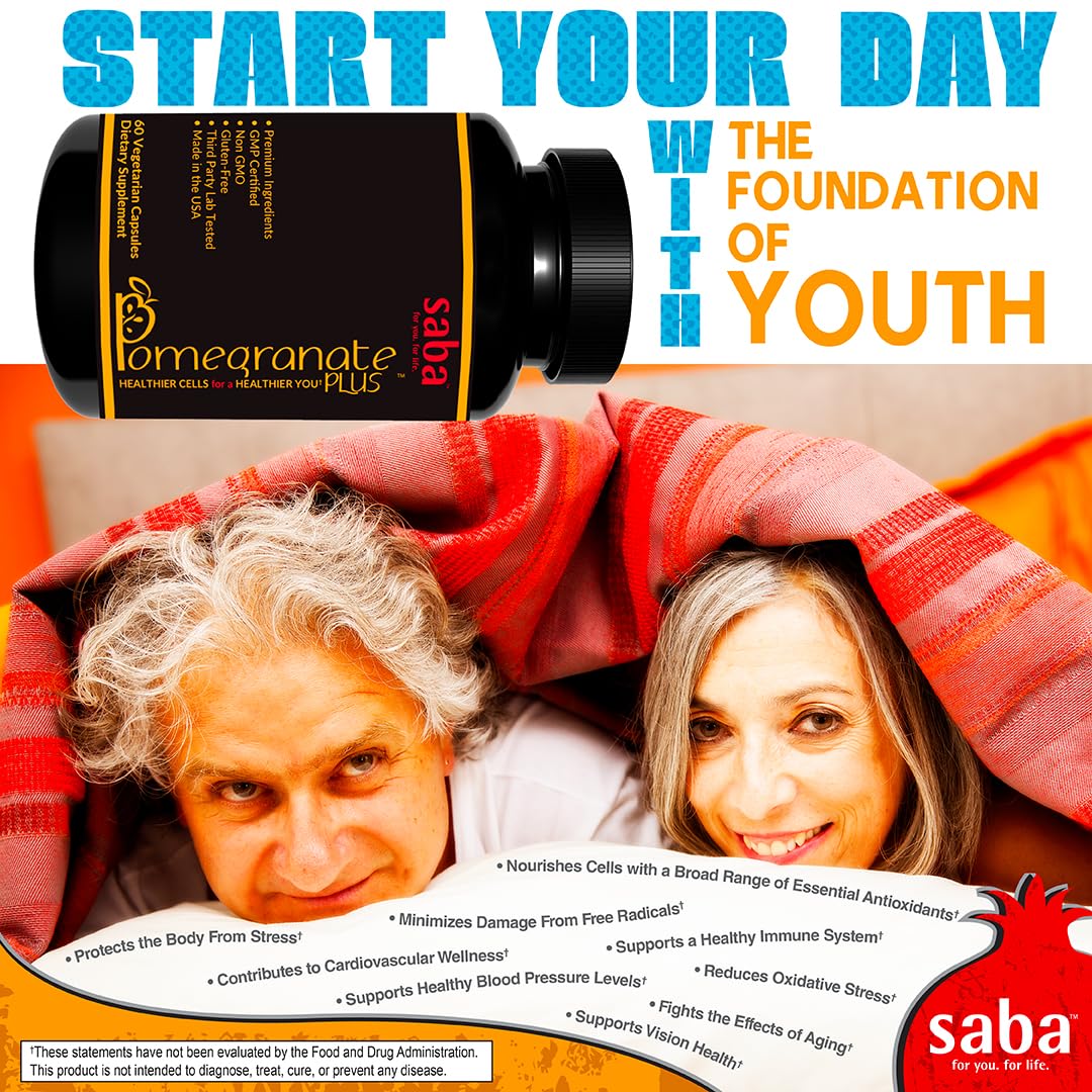 Saba Pomegranate Plus – Antioxidant Supplement with Astaxanthin & Adaptogens | Immune, Skin, Heart & Brain Support | Daily Stress & Cellular Wellness | 60 Capsules SabaAu supplements