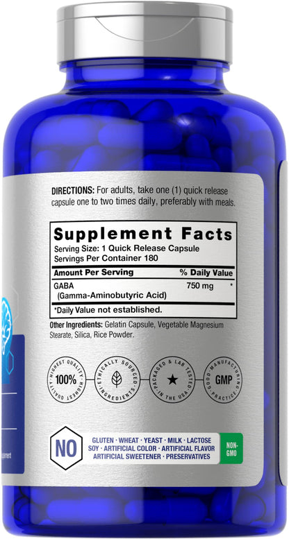 GABA 750mg | 180 Capsules | Gamma Aminobutyric Acid Supplement HorbäachUS supplements