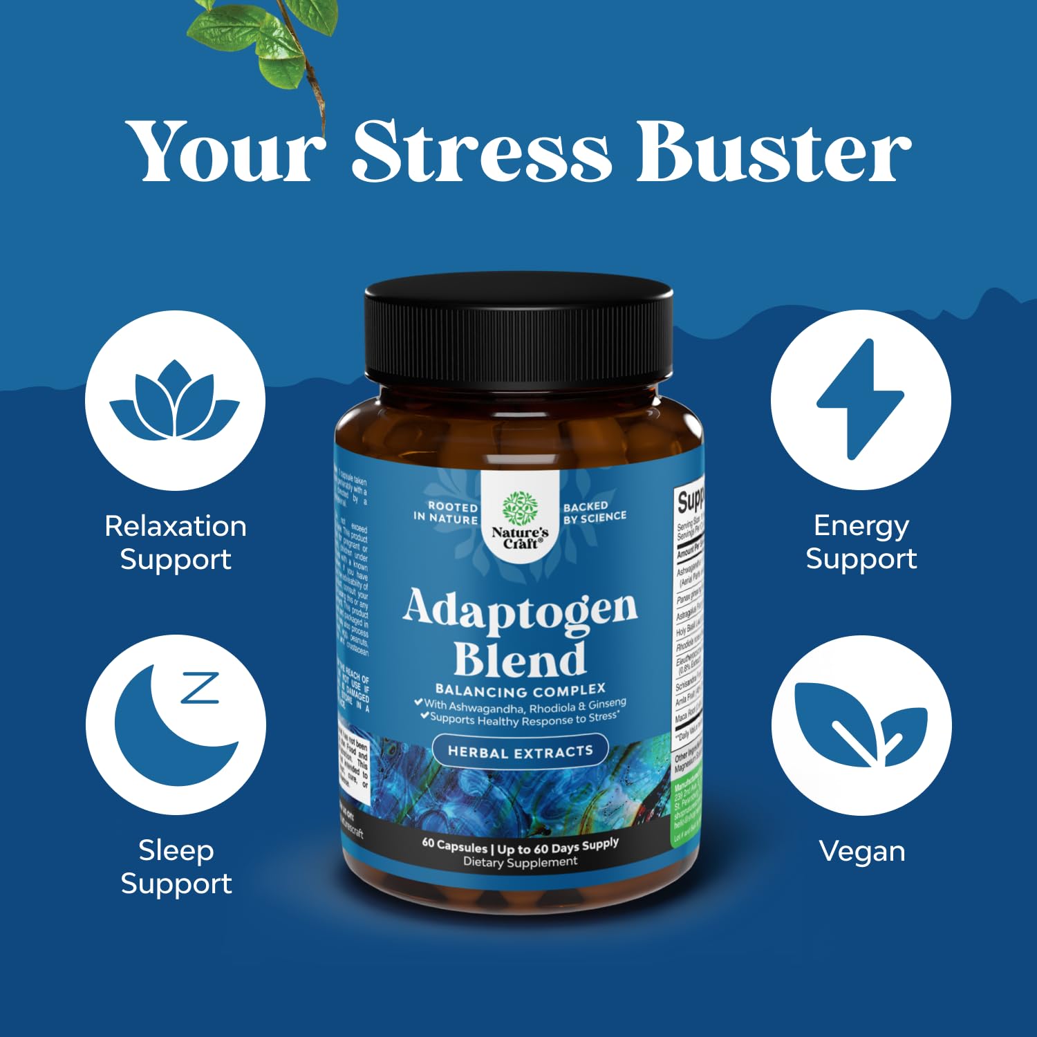 Herbal Adaptogen Mood Support Supplement - Calming Adaptogens Supplement for Stress & Cortisol Management with Ashwagandha Rhodiola Rosea & Maca Root - Vegan & Daytime Friendly - 60 Count Natures CraftAu supplements