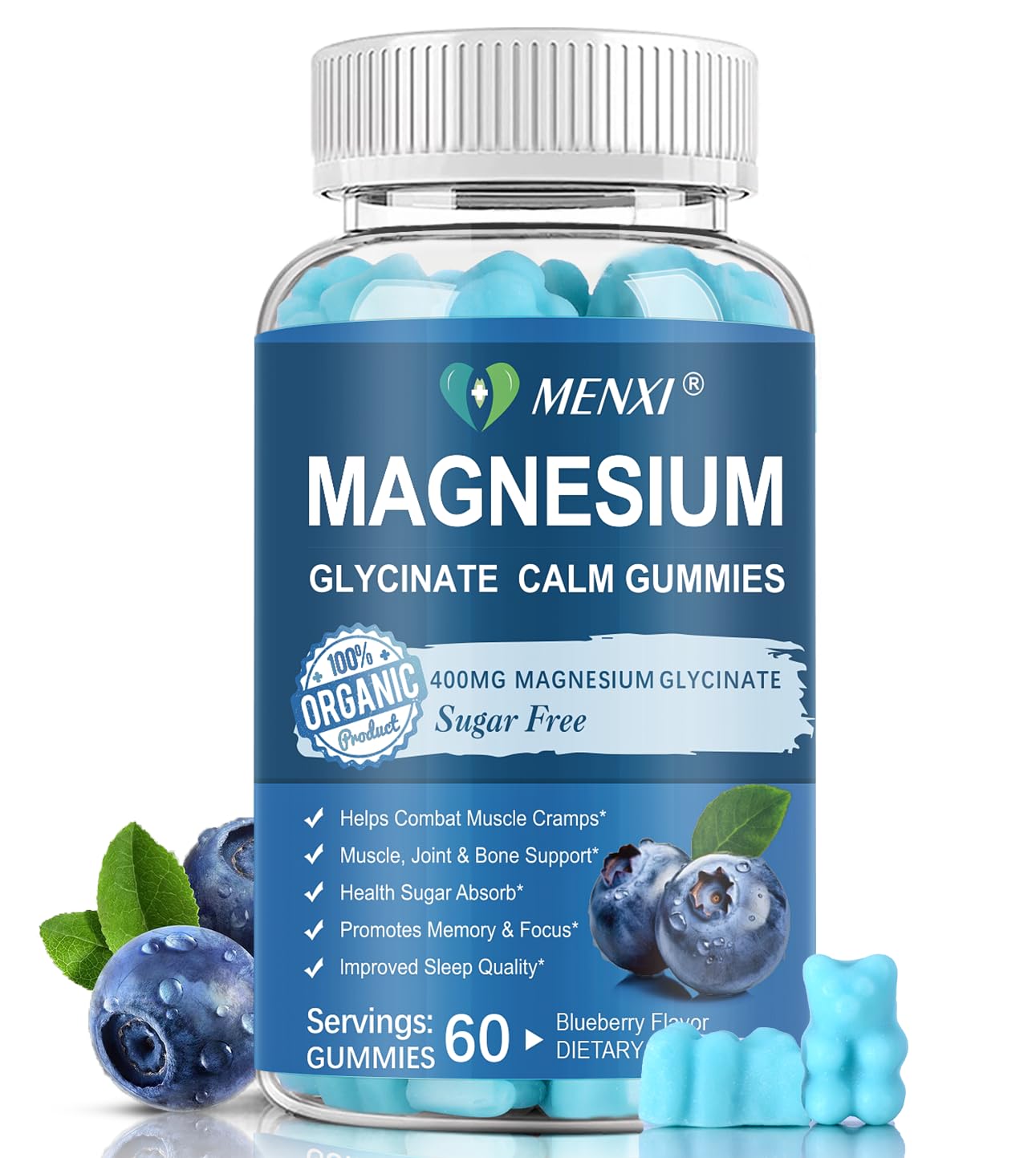 Magnesium Gummies 600mg per Serving-Magnesium Glycinate 400mg and Magnesium Malate 200mg,Sugar Free Magnesium Potassium Supplement for Calm Mood, Muscle, Bone & Sleep Support,60 Blueberry Gummies MENXIAu supplements