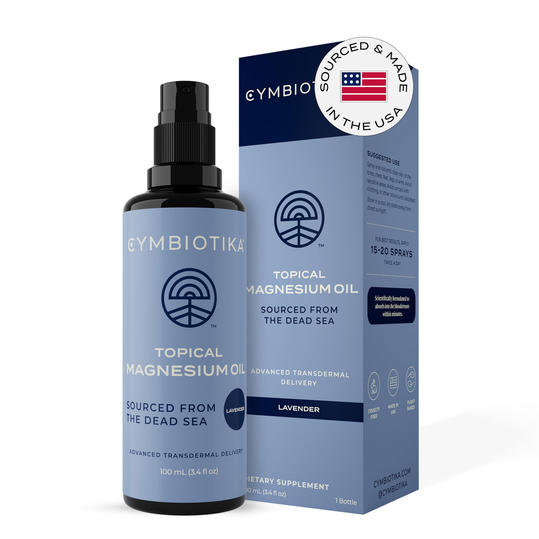 CYMBIOTIKA Topical Magnesium Oil Spray for Body, USA Made, Supplement for Leg Cramps, Muscle, Joint Health & Sleep Support, Includes Magnesium Chloride, Lavender Extract, Aloe Vera - Skin Applicator CYMBIOTIKAUS supplements