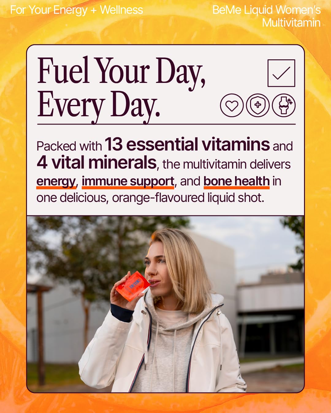 BeMe Liquid Multivitamins for Women - Advanced Liquid Delivery System with 13 Vitamins & Minerals - Tear & Go Sachets, Non-GMO, Orange Flavor (15 Sachets) BeMeAu supplements