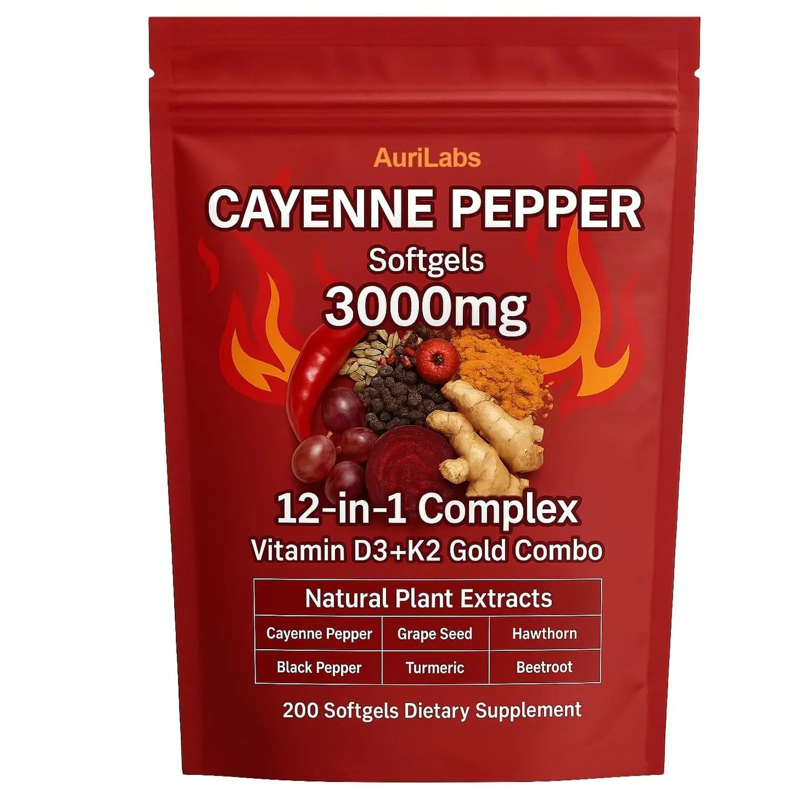 EILTEAU AuriLabs Cayenne Pepper Softgels Supplement, Supports Leg Vein, Heart and Blood Vessel Health, with Vitamin E D3+K2 and Extracts of Grape Seed, Hawthorn, Beetroot and Others (1) EILTEAUAu supplements