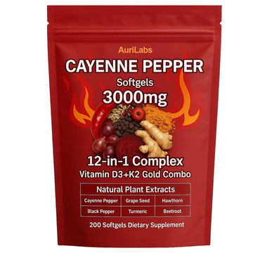 EILTEAU AuriLabs Cayenne Pepper Softgels Supplement, Supports Leg Vein, Heart and Blood Vessel Health, with Vitamin E D3+K2 and Extracts of Grape Seed, Hawthorn, Beetroot and Others (1) EILTEAUAu supplements