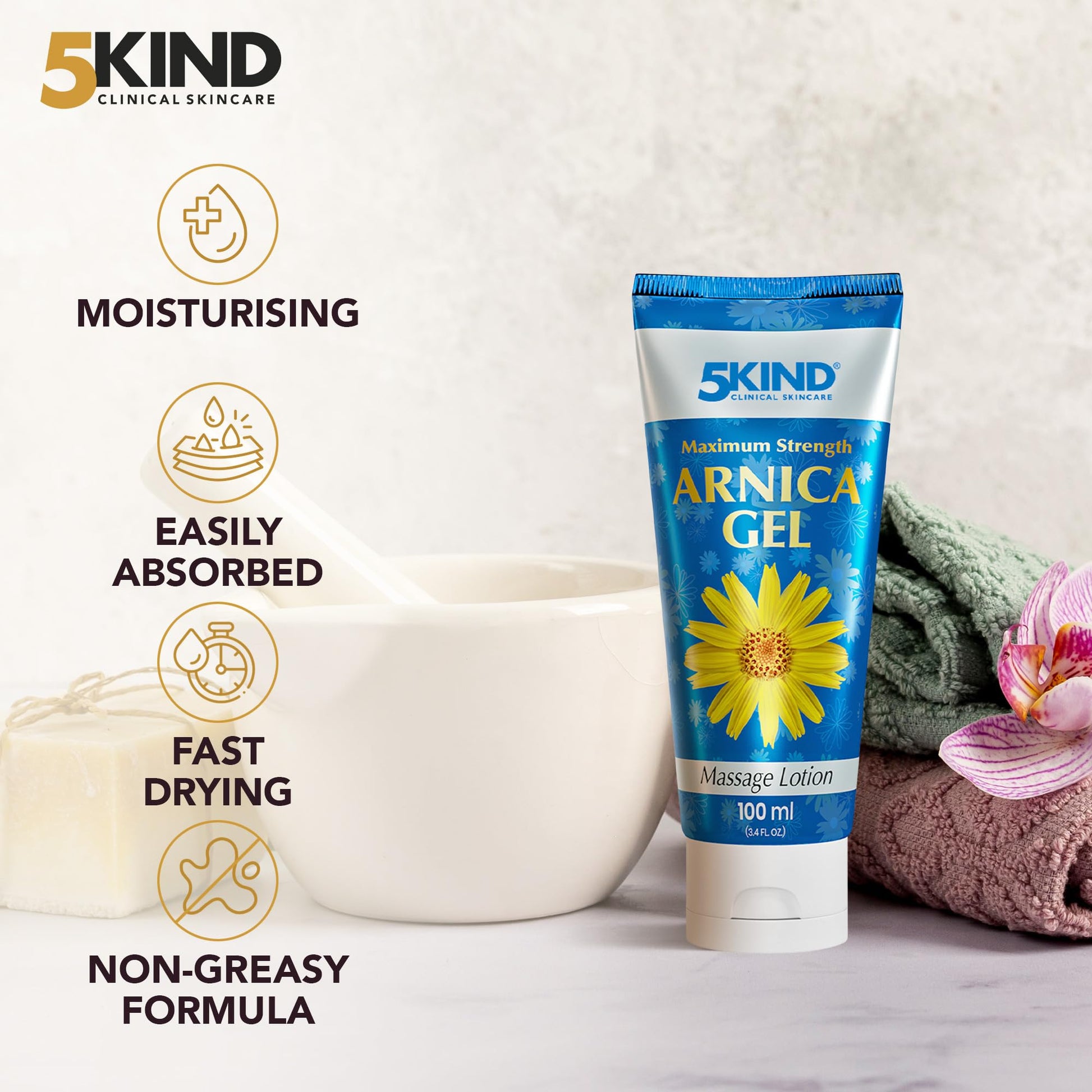 5kind Maximum Strength Arnica Bruise Gel 3.4 Fl Oz - Arnica Gel for Bruising and Swelling - Arnica Montana Gel with High Concentration Extract - Non-Greasy Formula 5kind clinical skincareAu supplements