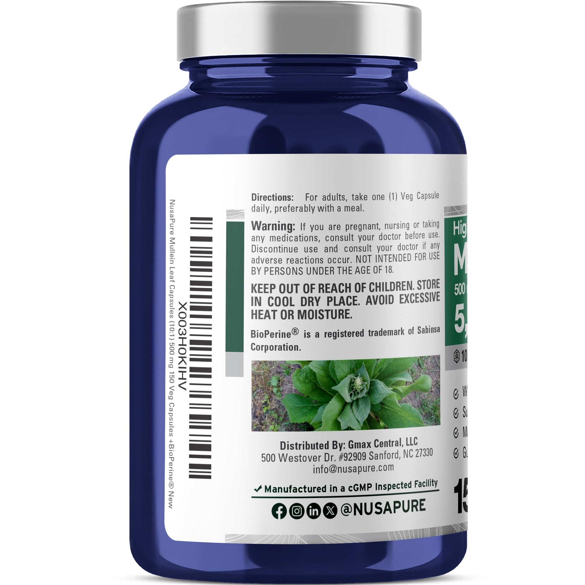 NusaPure Mullein Leaf Capsules 10:1 Extract, 500 mg Equivalent to 5,000 mg per Veggie Caps - 150 Count - Verbascum Thapsus (Non-GMO, Vegan) Dietary Supplement NusaPureAu supplements