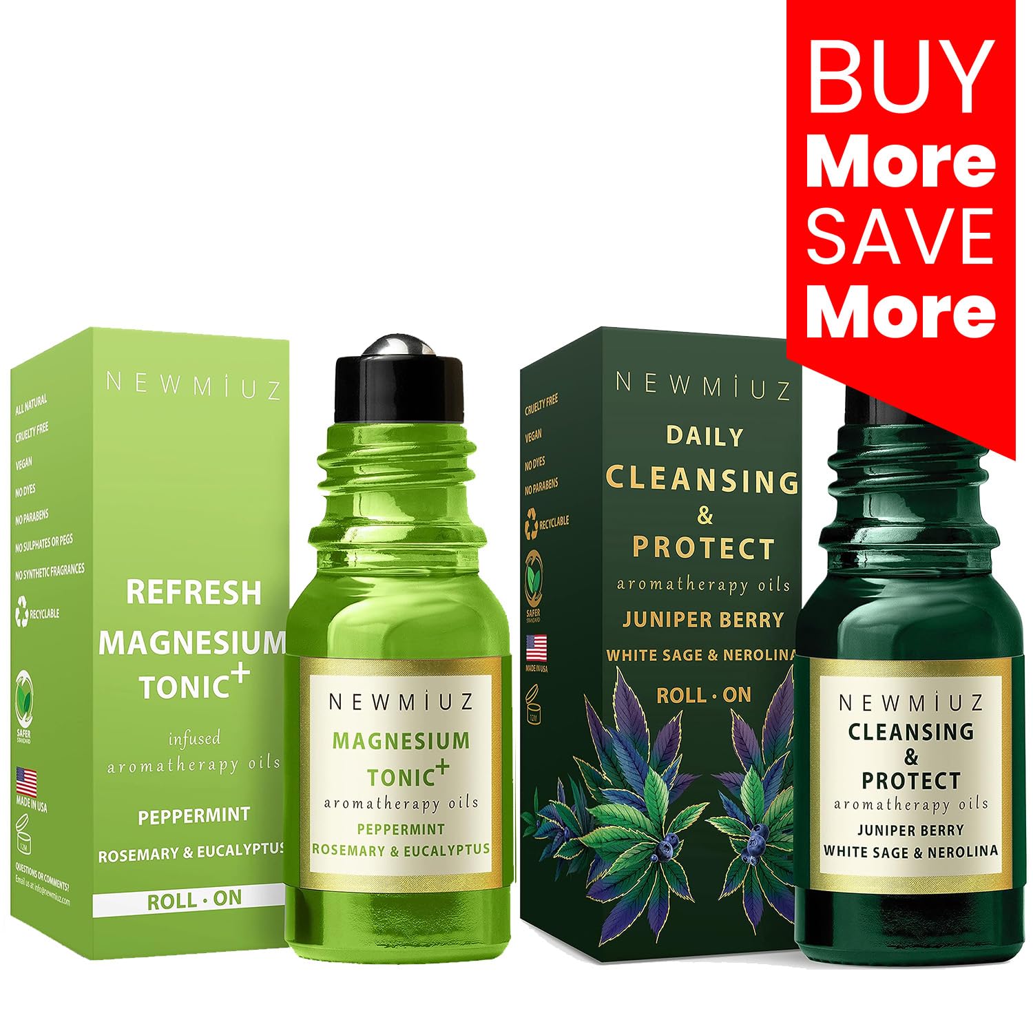 Headache Roll On Stick Peppermint Rosemary and Eucalyptus & Cleansing and Protect Juniper Berry White Sage with Nerolina Pack of 2 New MiuzAu supplements