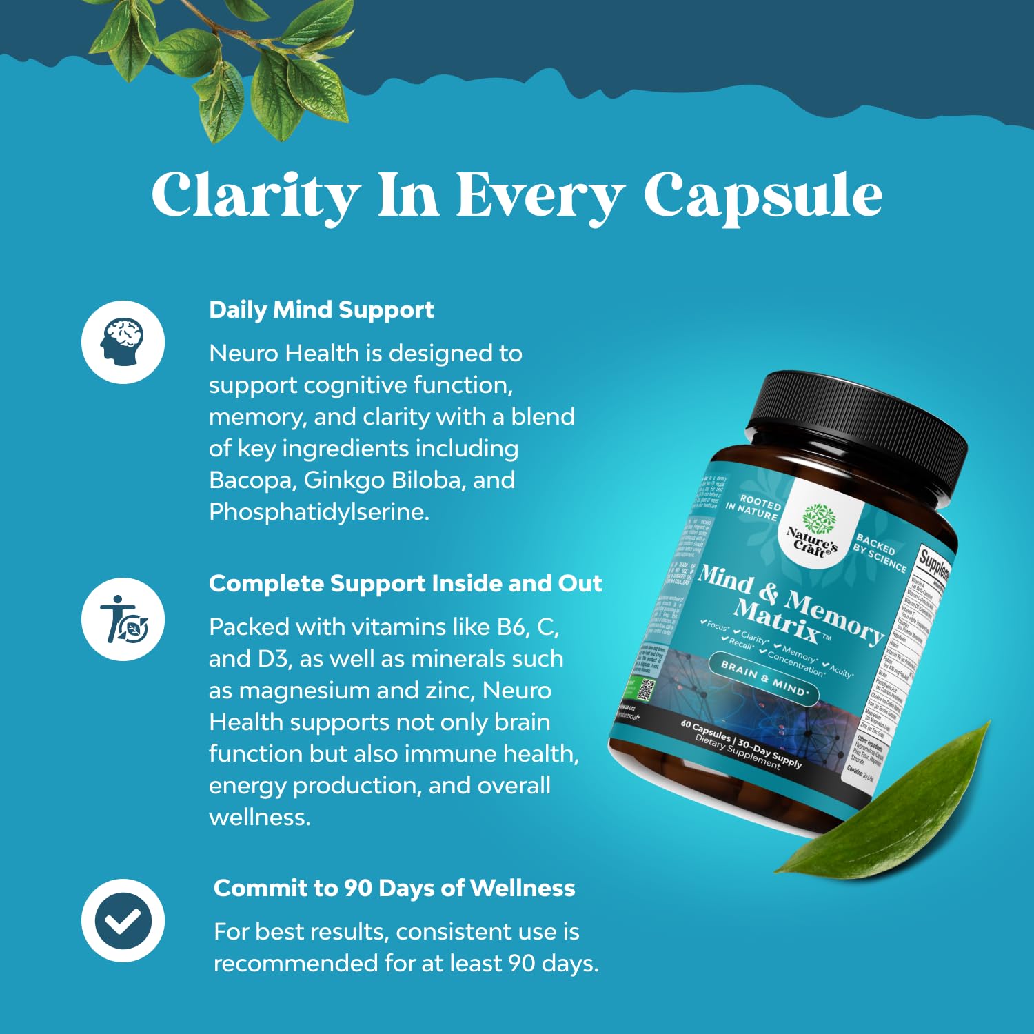 Nootropic Brain Supplement for Memory and Focus Enhancement - Vitamins for Mental Health & Clarity with VIT A, B6, Riboflavin, Niacin, Thiamin & Folate - Cognitive Complex for Mind Vitality - 60 Ct Natures CraftAu supplements